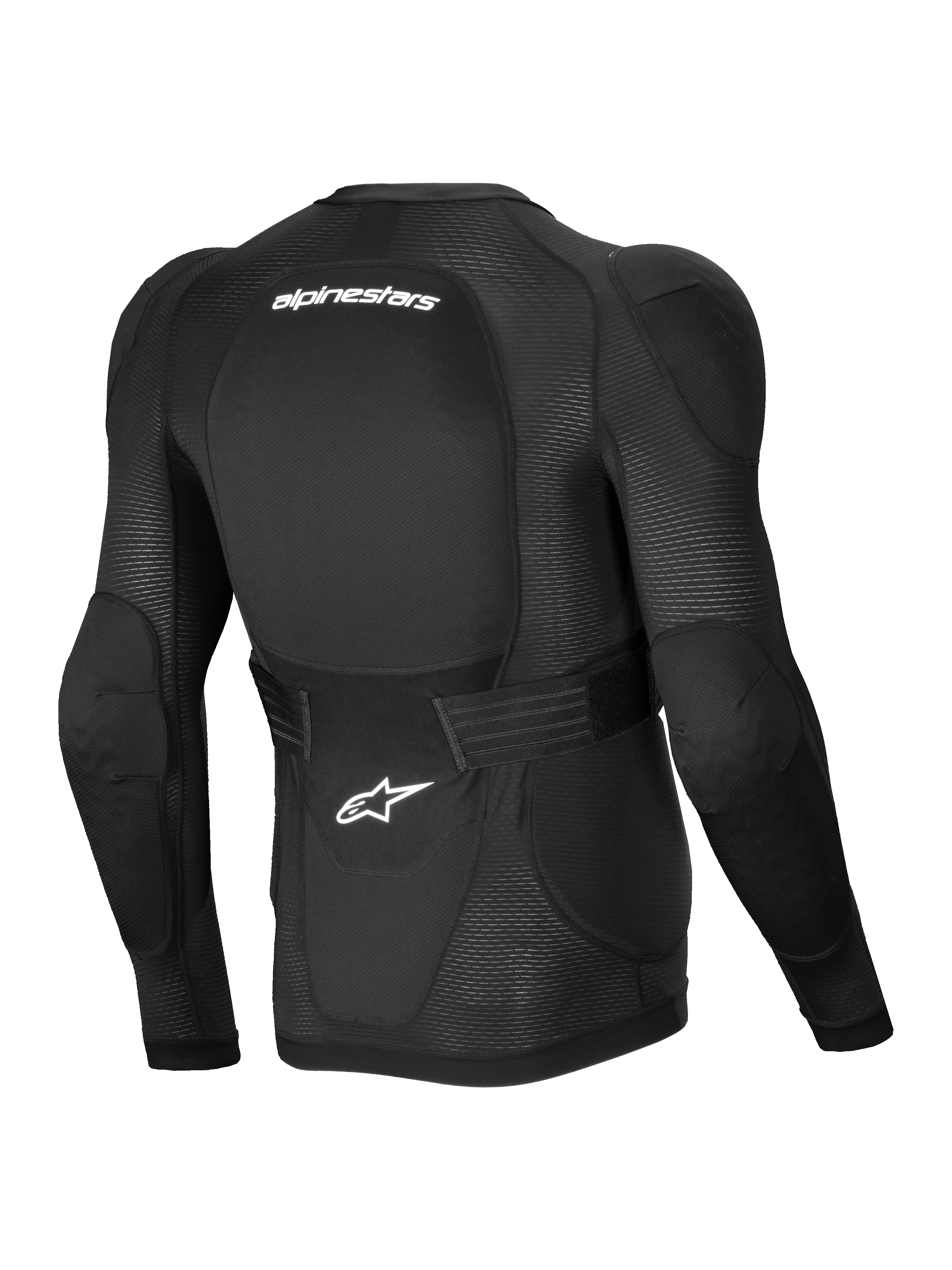 Alpinestars Chaqueta Protectora A-Impact Plasma, chaqueta protectora de manga larga para MTB de hombre, color negro con detalles en blanco, vista trasera con malla elástica transpirable y cinturón ajustable