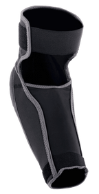 Alpinestars Vector Elbow Protectors, MTB Elbow Guards, Black and Anthracite Gray, featuring a two-part construction with top and bottom elastic straps, hook-and-loop closures, and a cutout for flexible movement