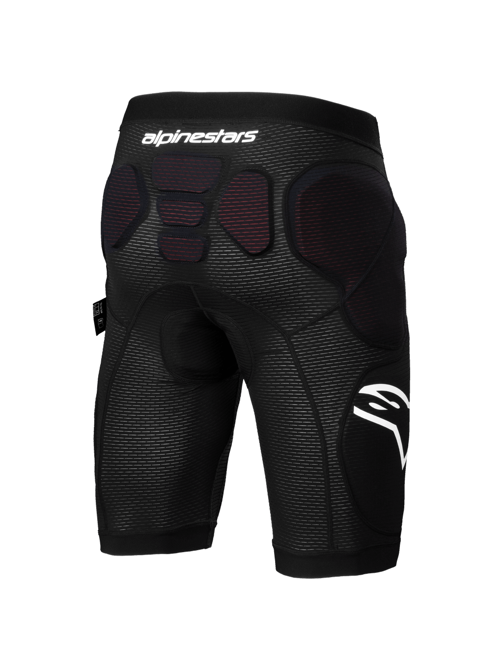 Shorts de protección Alpinestars A-Impact Plasma, pantalones cortos de protección para ciclismo de montaña, negro y blanco, vista trasera que muestra el acolchado protector integrado en las caderas y la parte inferior de la columna, tejido de malla transpirable con la marca Alpinestars en blanco, diseñado para enduro y ciclismo de gravedad.