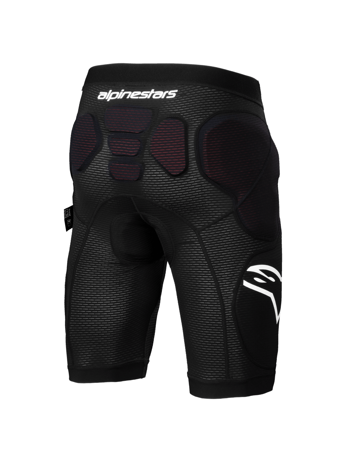 Shorts de protección Alpinestars A-Impact Plasma, pantalones cortos de protección para ciclismo de montaña, negro y blanco, vista trasera que muestra el acolchado protector integrado en las caderas y la parte inferior de la columna, tejido de malla transpirable con la marca Alpinestars en blanco, diseñado para enduro y ciclismo de gravedad.