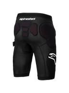 Shorts de protección Alpinestars A-Impact Plasma, pantalones cortos de protección para ciclismo de montaña, negro y blanco, vista trasera que muestra el acolchado protector integrado en las caderas y la parte inferior de la columna, tejido de malla transpirable con la marca Alpinestars en blanco, diseñado para enduro y ciclismo de gravedad.
