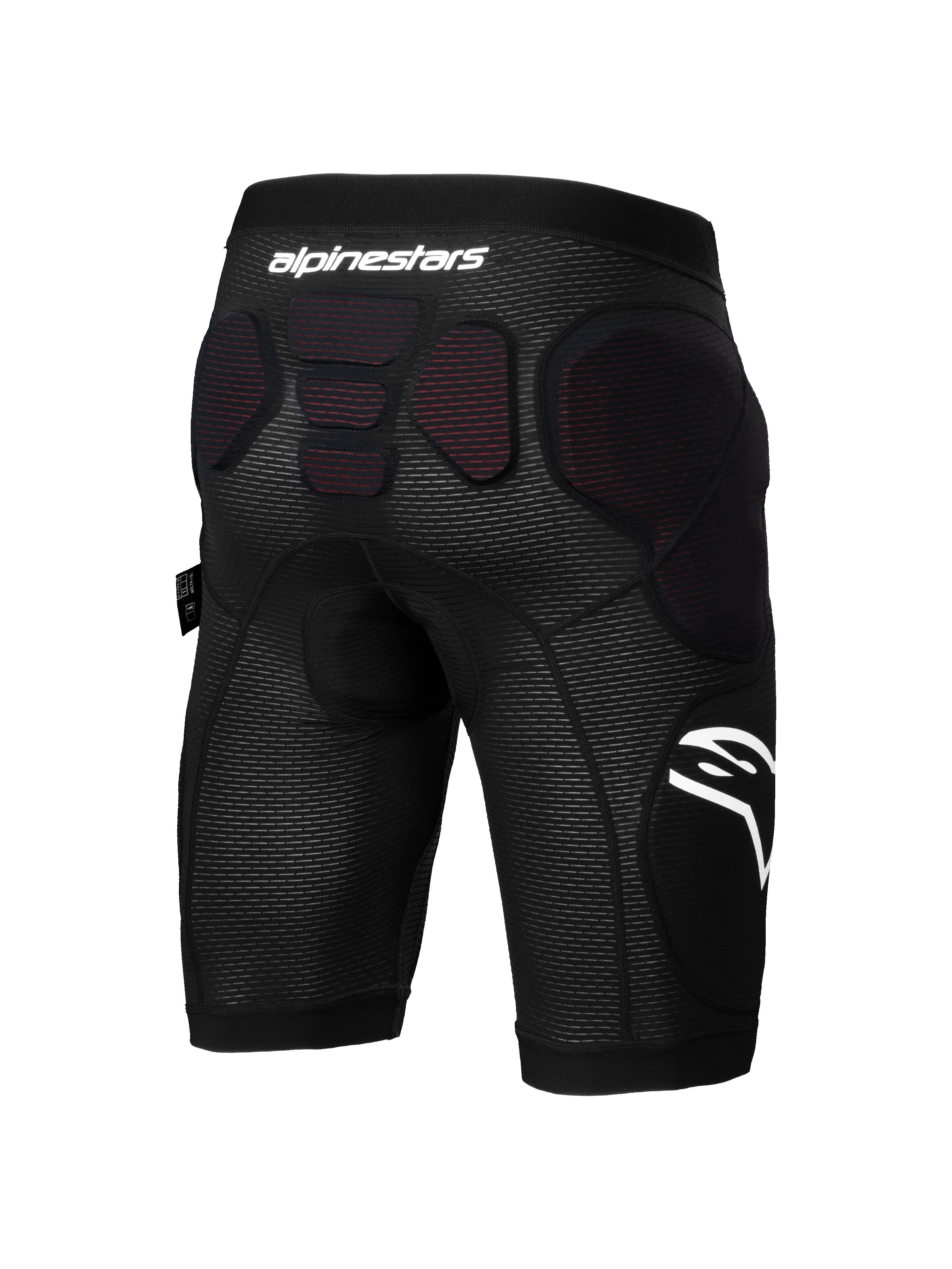 Shorts de protección Alpinestars A-Impact Plasma, pantalones cortos de protección para ciclismo de montaña, negro y blanco, vista trasera que muestra el acolchado protector integrado en las caderas y la parte inferior de la columna, tejido de malla transpirable con la marca Alpinestars en blanco, diseñado para enduro y ciclismo de gravedad.