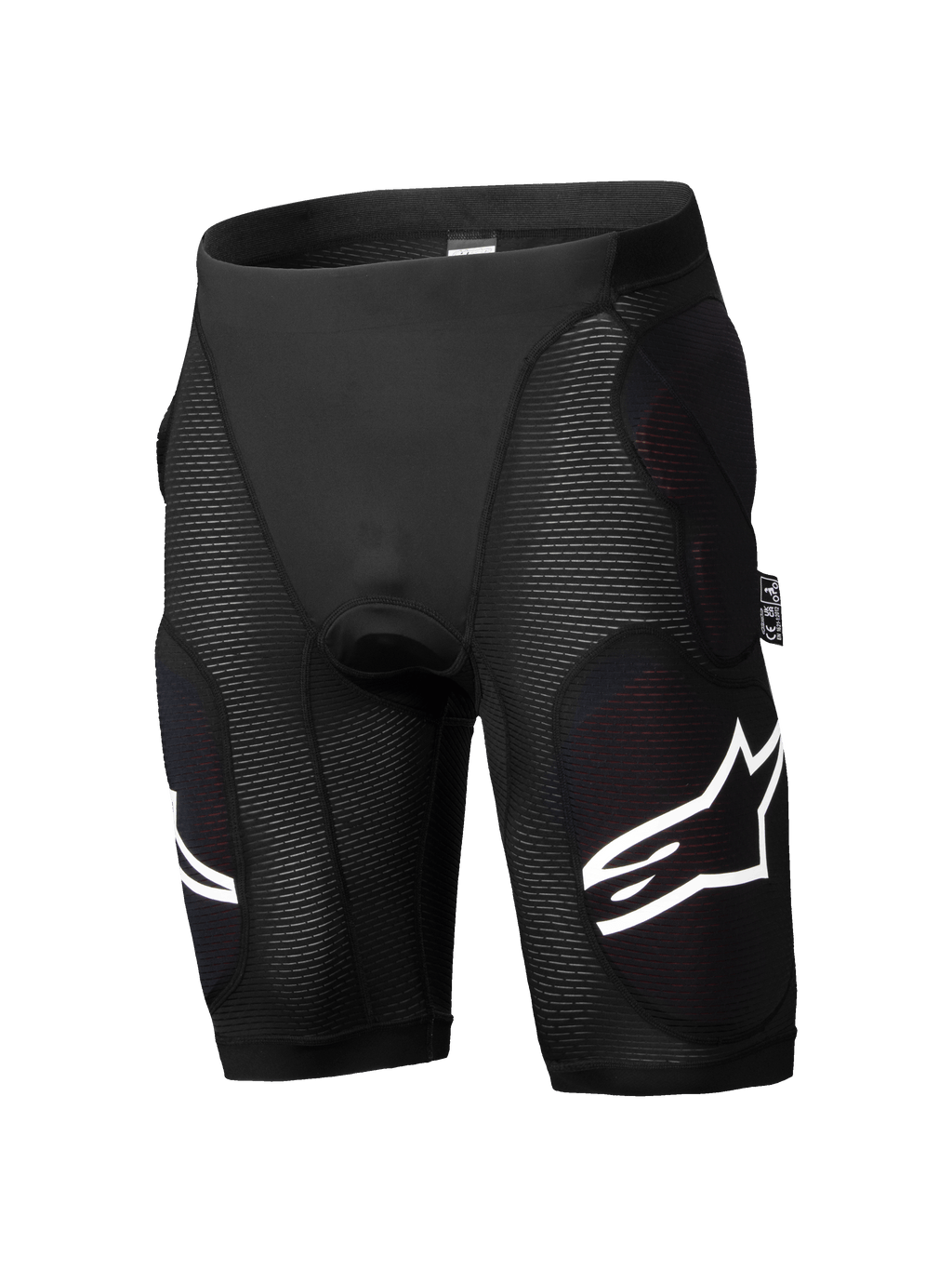 Alpinestars A-Impact Plasma Protection Shorts, pantalones cortos de protección para ciclismo de montaña, negros con logos blancos, acolchado integrado en cadera y muslos, paneles acanalados texturizados y material elástico transpirable de diseño ajustado