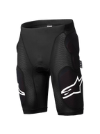 Alpinestars A-Impact Plasma Protection Shorts, pantalones cortos de protección para ciclismo de montaña, negros con logos blancos, acolchado integrado en cadera y muslos, paneles acanalados texturizados y material elástico transpirable de diseño ajustado