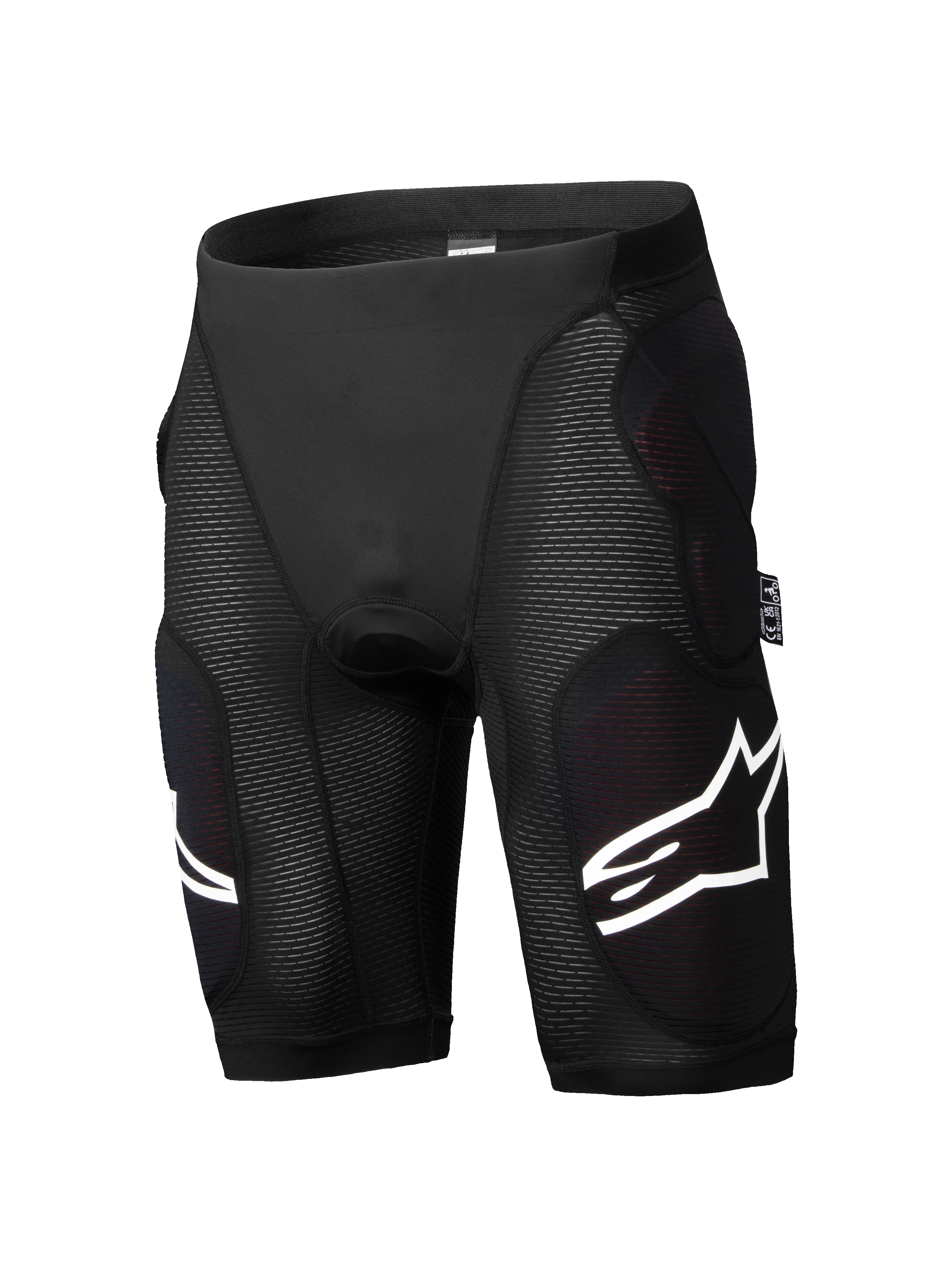 Alpinestars A-Impact Plasma Protection Shorts, pantalones cortos de protección para ciclismo de montaña, negros con logos blancos, acolchado integrado en cadera y muslos, paneles acanalados texturizados y material elástico transpirable de diseño ajustado