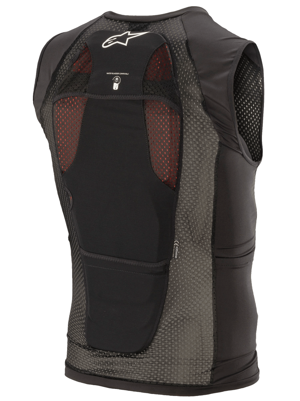 Alpinestars Paragon Plus Protection Vest, negro, vista trasera con construcción de malla elástica ligera, logotipo Astar blanco, icono de compatibilidad con bolsa de hidratación y protector de espalda integrado CE Nivel 1.