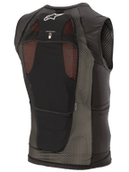 Alpinestars Paragon Plus Protection Vest, negro, vista trasera con construcción de malla elástica ligera, logotipo Astar blanco, icono de compatibilidad con bolsa de hidratación y protector de espalda integrado CE Nivel 1.