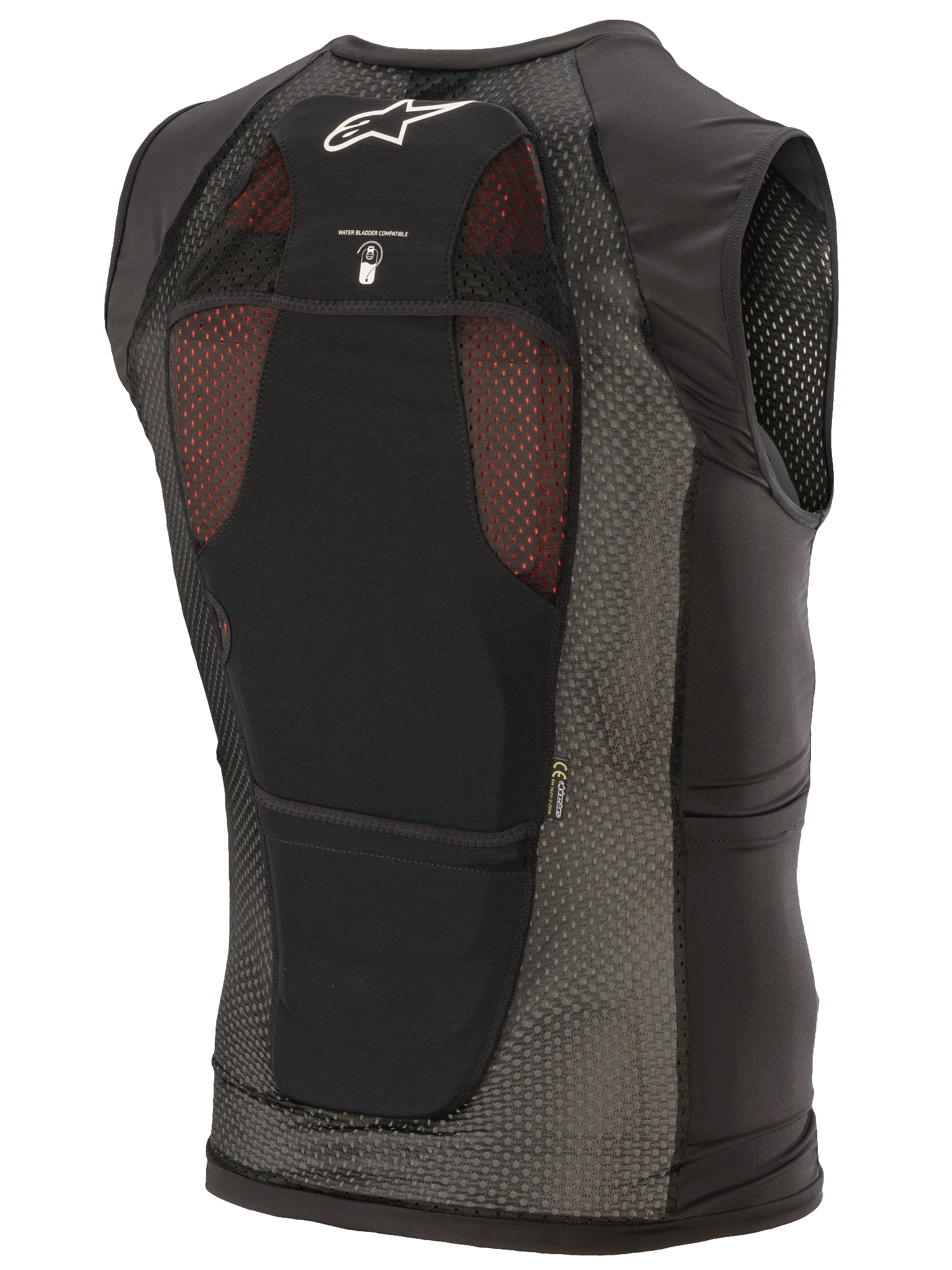 Alpinestars Paragon Plus Protection Vest, negro, vista trasera con construcción de malla elástica ligera, logotipo Astar blanco, icono de compatibilidad con bolsa de hidratación y protector de espalda integrado CE Nivel 1.