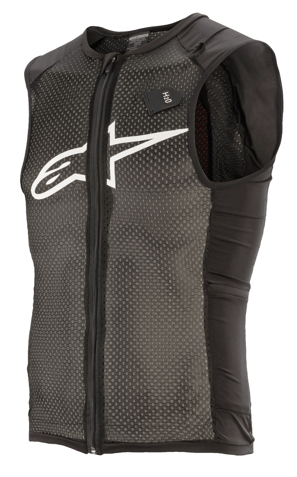 Alpinestars Paragon Plus Protection Vest, chaleco protector de MTB ligero con diseño sin mangas, negro y blanco, construcción principal de malla elástica texturizada, cremallera frontal completa, paneles laterales negros, logotipo blanco en el pecho y etiqueta de sistema de hidratación H2O.
