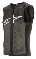 Alpinestars Paragon Plus Protection Vest, chaleco protector de MTB ligero con diseño sin mangas, negro y blanco, construcción principal de malla elástica texturizada, cremallera frontal completa, paneles laterales negros, logotipo blanco en el pecho y etiqueta de sistema de hidratación H2O.