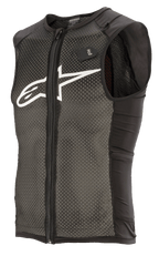 Alpinestars Paragon Plus Protection Vest, chaleco protector de MTB ligero con diseño sin mangas, negro y blanco, construcción principal de malla elástica texturizada, cremallera frontal completa, paneles laterales negros, logotipo blanco en el pecho y etiqueta de sistema de hidratación H2O.