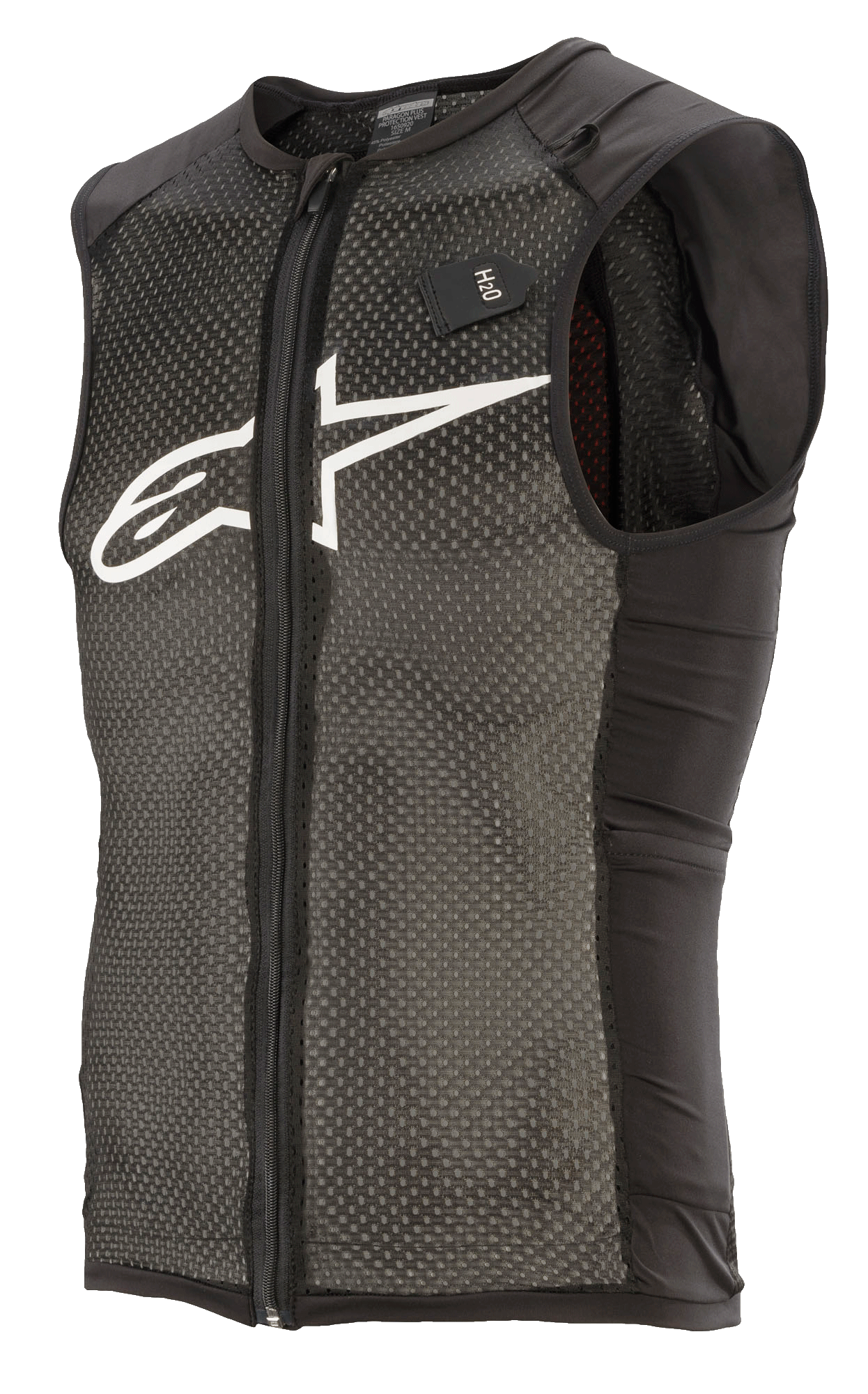 Alpinestars Paragon Plus Protection Vest, chaleco protector de MTB ligero con diseño sin mangas, negro y blanco, construcción principal de malla elástica texturizada, cremallera frontal completa, paneles laterales negros, logotipo blanco en el pecho y etiqueta de sistema de hidratación H2O.