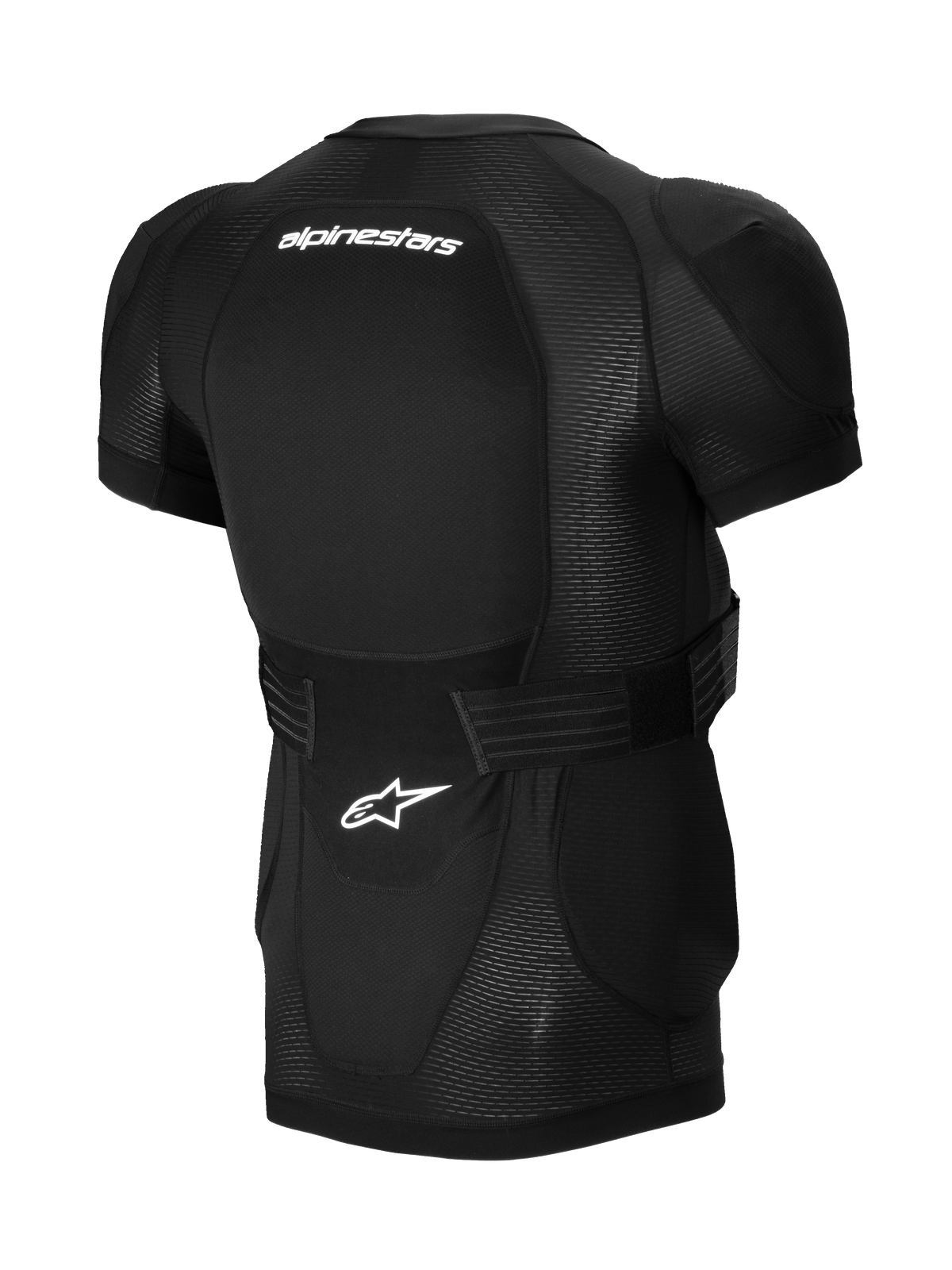Chaqueta de protección Alpinestars A-Impact Plasma - manga corta, negra, vista trasera con protector de espalda integrado, logotipos de Alpinestars en blanco, correa de cintura ajustable y construcción de malla transpirable para protección de MTB
