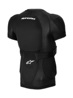 Chaqueta de protección Alpinestars A-Impact Plasma - manga corta, negra, vista trasera con protector de espalda integrado, logotipos de Alpinestars en blanco, correa de cintura ajustable y construcción de malla transpirable para protección de MTB