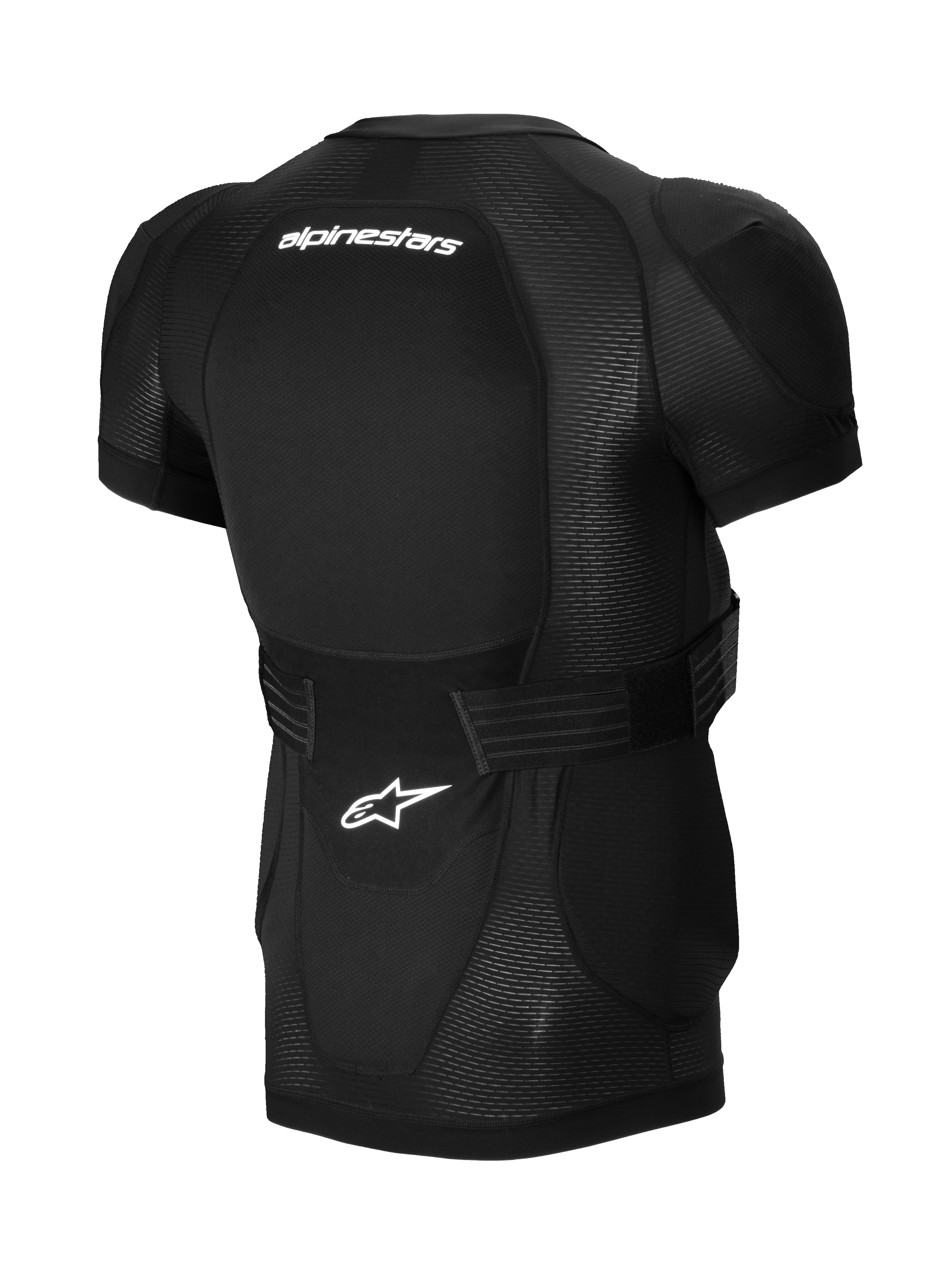 Chaqueta de protección Alpinestars A-Impact Plasma - manga corta, negra, vista trasera con protector de espalda integrado, logotipos de Alpinestars en blanco, correa de cintura ajustable y construcción de malla transpirable para protección de MTB
