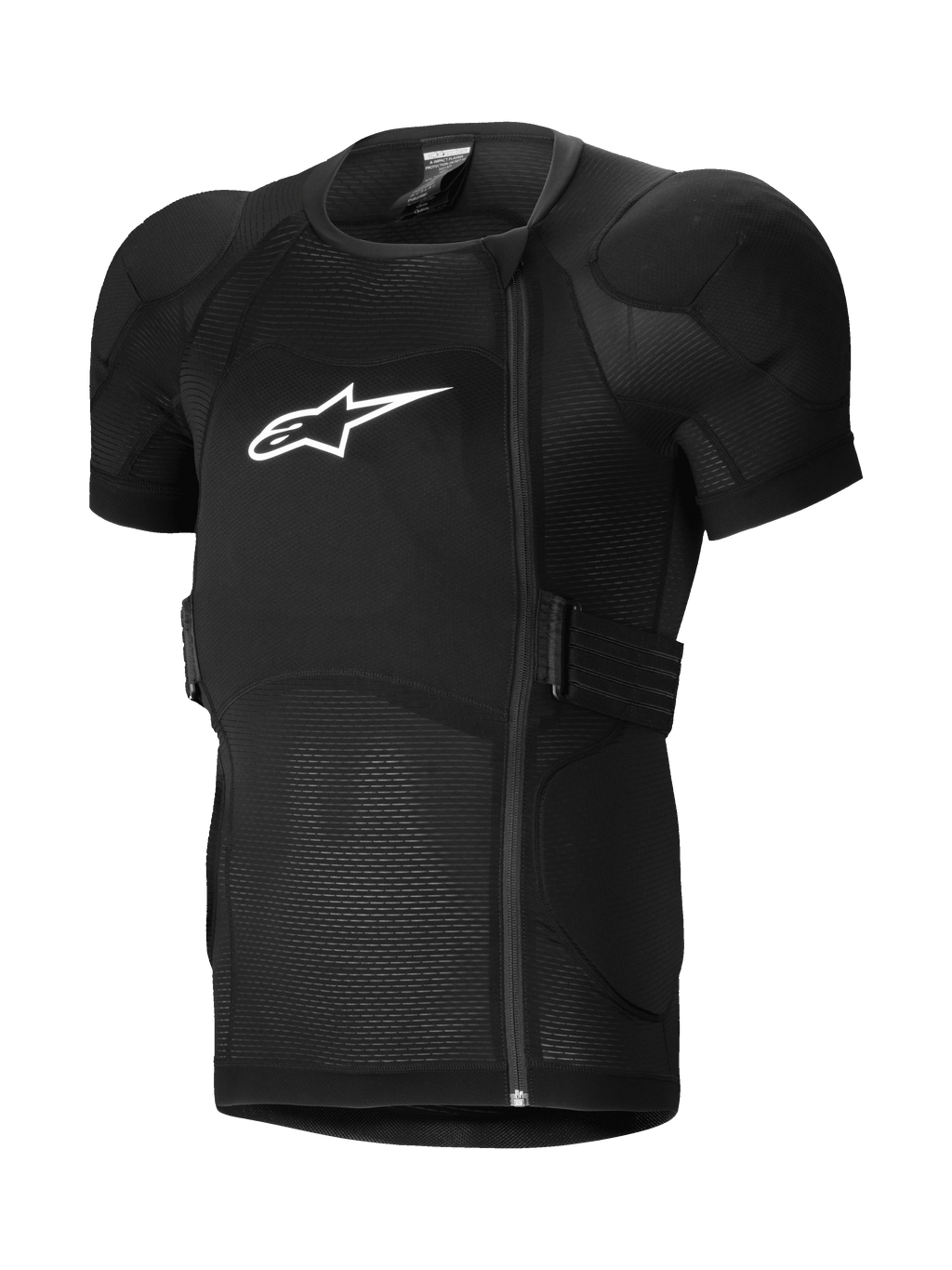 Alpinestars A-Impact Plasma Protection Jacket Short Sleeve, chaqueta de protección para MTB, negra, con hombros acolchados y armadura en el pecho, cremallera lateral desplazada, tejido de malla acanalada transpirable y logo blanco en el pecho