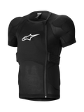 Alpinestars A-Impact Plasma Protection Jacket Short Sleeve, chaqueta de protección para MTB, negra, con hombros acolchados y armadura en el pecho, cremallera lateral desplazada, tejido de malla acanalada transpirable y logo blanco en el pecho
