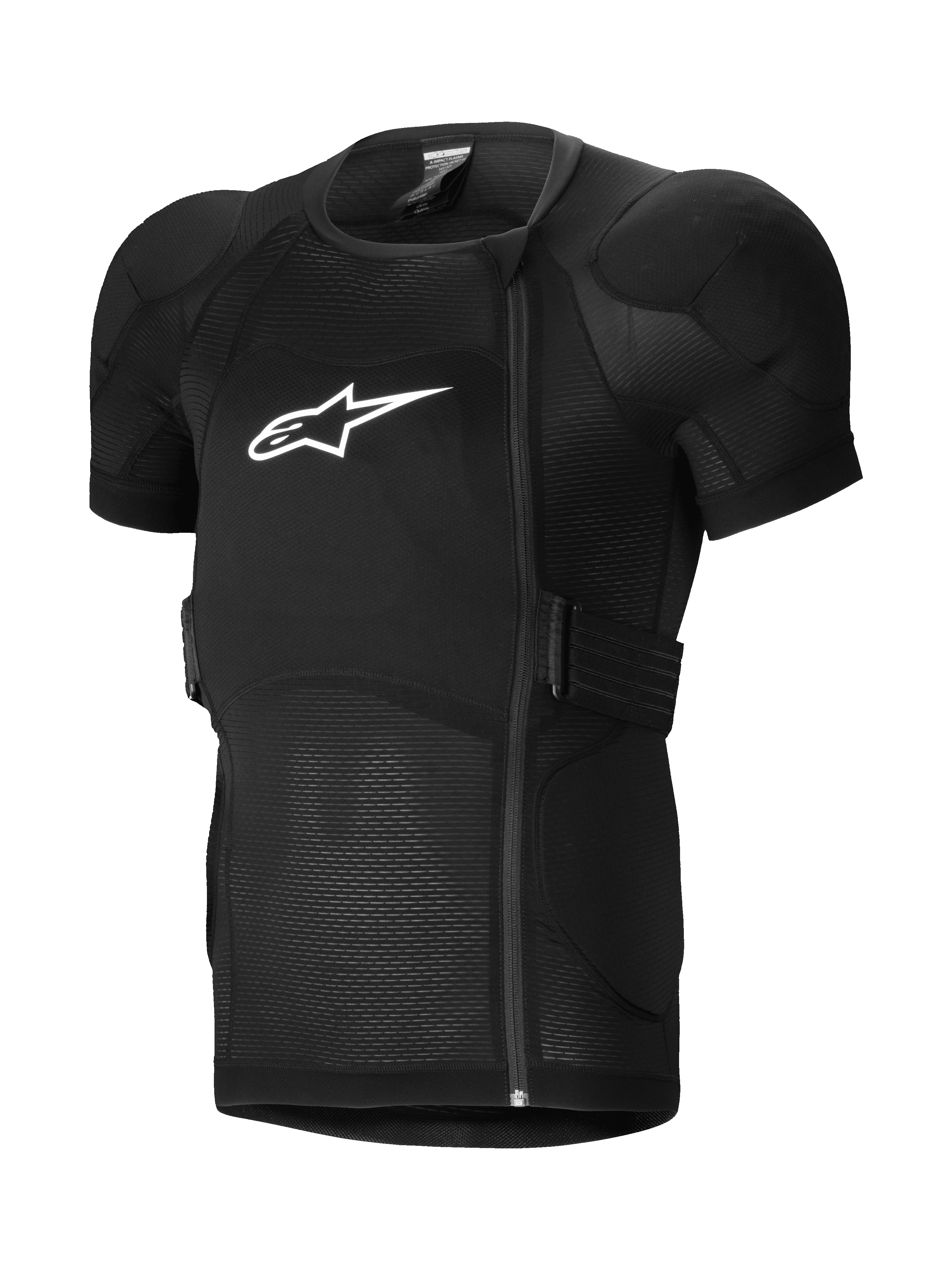 Alpinestars A-Impact Plasma Protection Jacket Short Sleeve, chaqueta de protección para MTB, negra, con hombros acolchados y armadura en el pecho, cremallera lateral desplazada, tejido de malla acanalada transpirable y logo blanco en el pecho