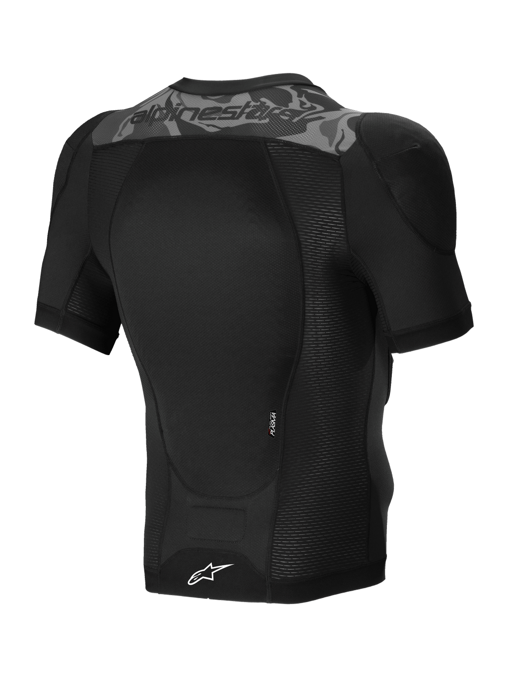 Alpinestars Chaqueta Protectora A-Motion Plasma, chaqueta protectora de MTB de mangas cortas, negro camuflaje, vista trasera con protector de espalda Nucleon PLASMA y construcción de malla elástica