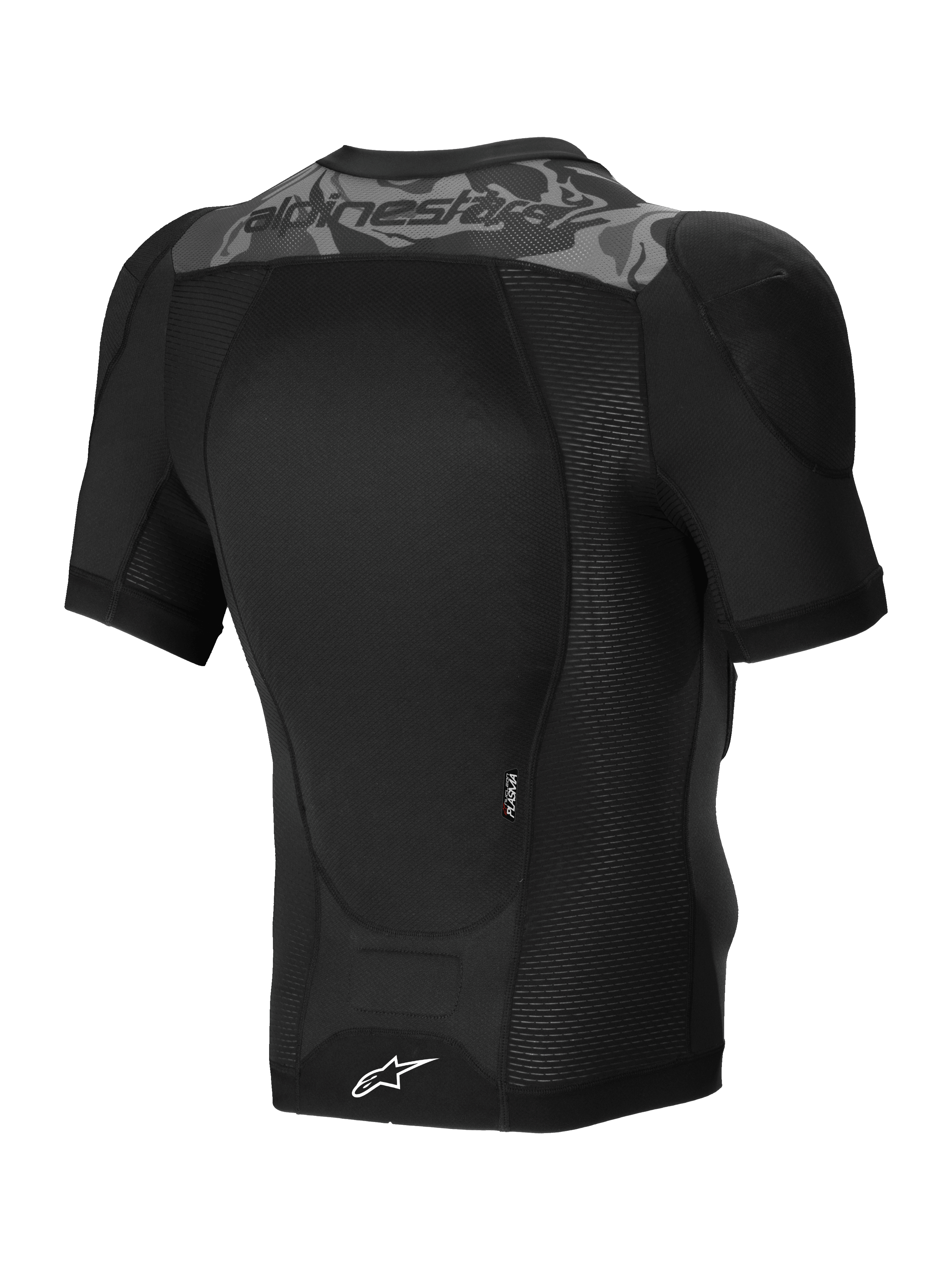 Alpinestars Chaqueta Protectora A-Motion Plasma, chaqueta protectora de MTB de mangas cortas, negro camuflaje, vista trasera con protector de espalda Nucleon PLASMA y construcción de malla elástica