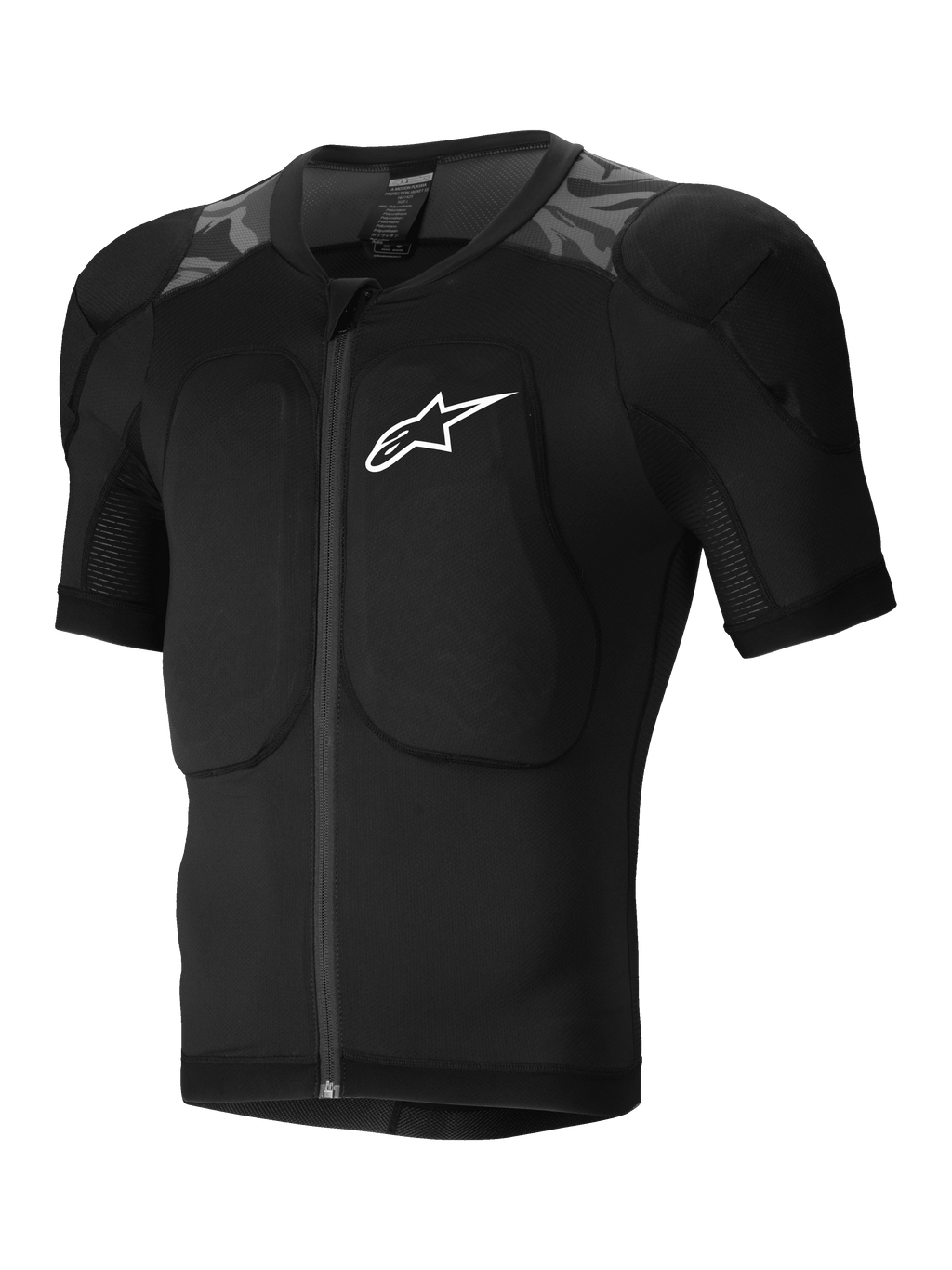 Alpinestars Chaqueta Protectora A-Motion Plasma, chaqueta de protección de manga corta para MTB, negra y gris con diseño de camuflaje, protectores Nucleon Plasma y protectores de hombros y espalda certificados CE