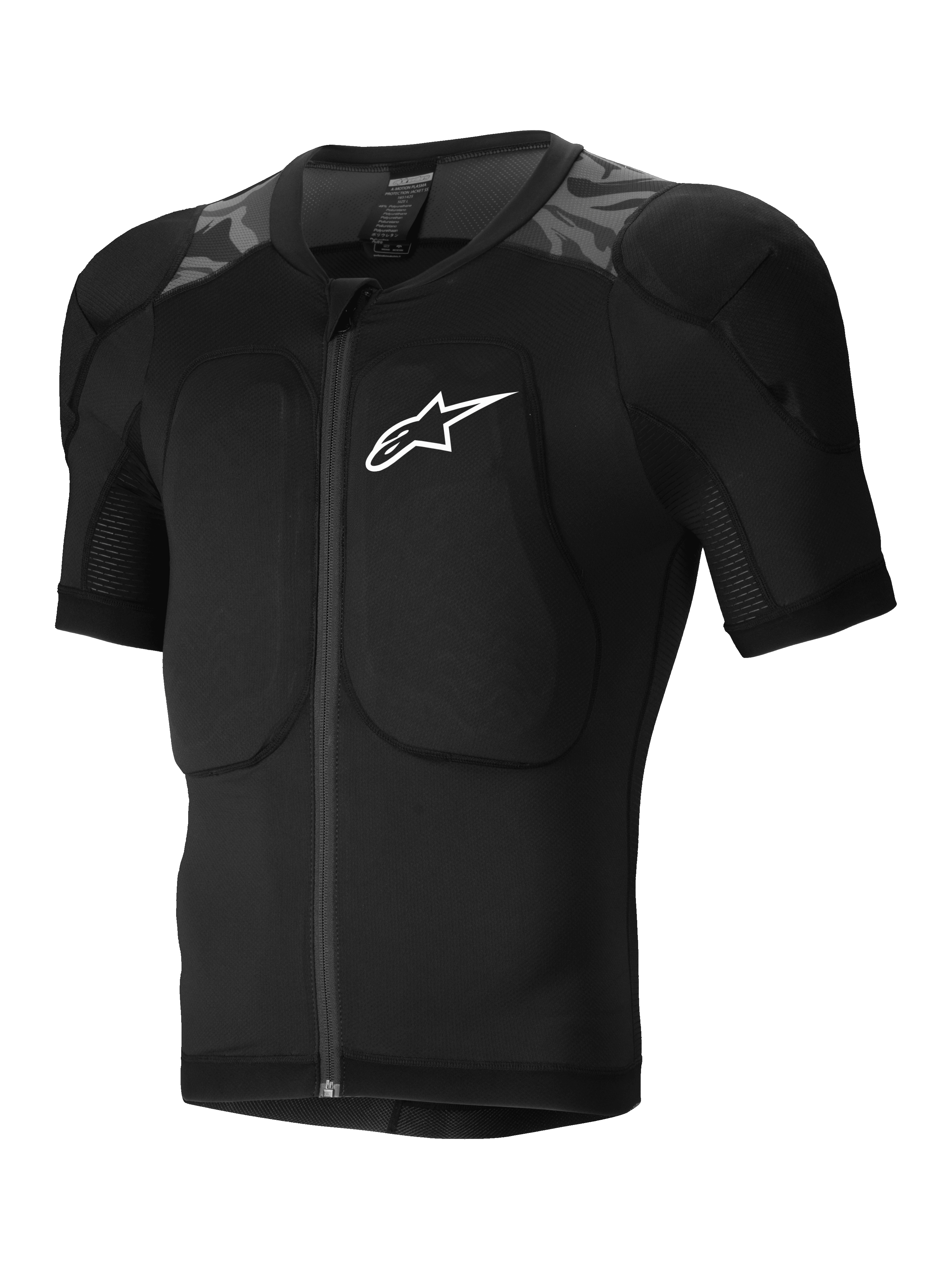 Alpinestars Chaqueta Protectora A-Motion Plasma, chaqueta de protección de manga corta para MTB, negra y gris con diseño de camuflaje, protectores Nucleon Plasma y protectores de hombros y espalda certificados CE