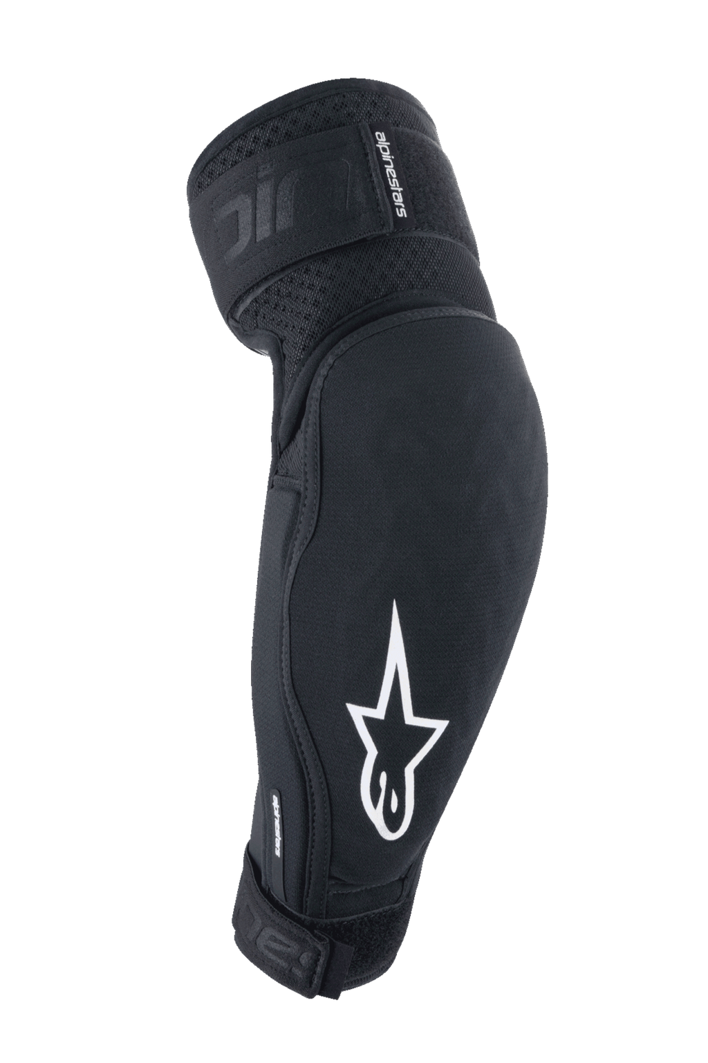 Alpinestars A-Impact Plasma Elite, protectores de codo para MTB, negro y blanco, equipo de protección con logotipo de estrella blanca, tejido texturizado transpirable, correas ajustables con cierre de velcro y diseño ergonómico precurvado