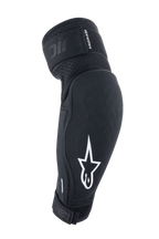 Alpinestars A-Impact Plasma Elite, protectores de codo para MTB, negro y blanco, equipo de protección con logotipo de estrella blanca, tejido texturizado transpirable, correas ajustables con cierre de velcro y diseño ergonómico precurvado