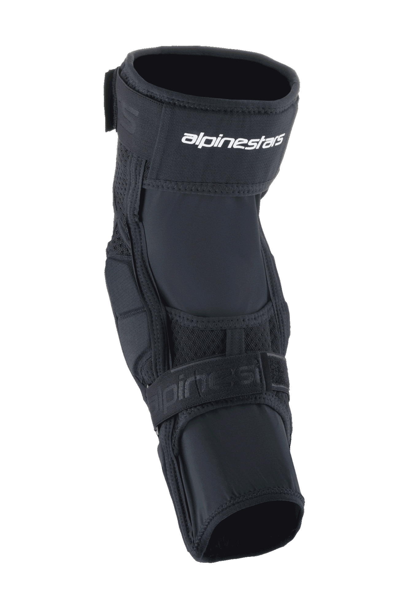 Protector de rodilla Alpinestars A-Impact Plasma Elite, protector de rodilla para ciclismo, negro y blanco, con un sistema de cierre de doble correa con el logotipo de Alpinestars en blanco, paneles de malla y un diseño ergonómico precurvado para protección contra impactos en MTB