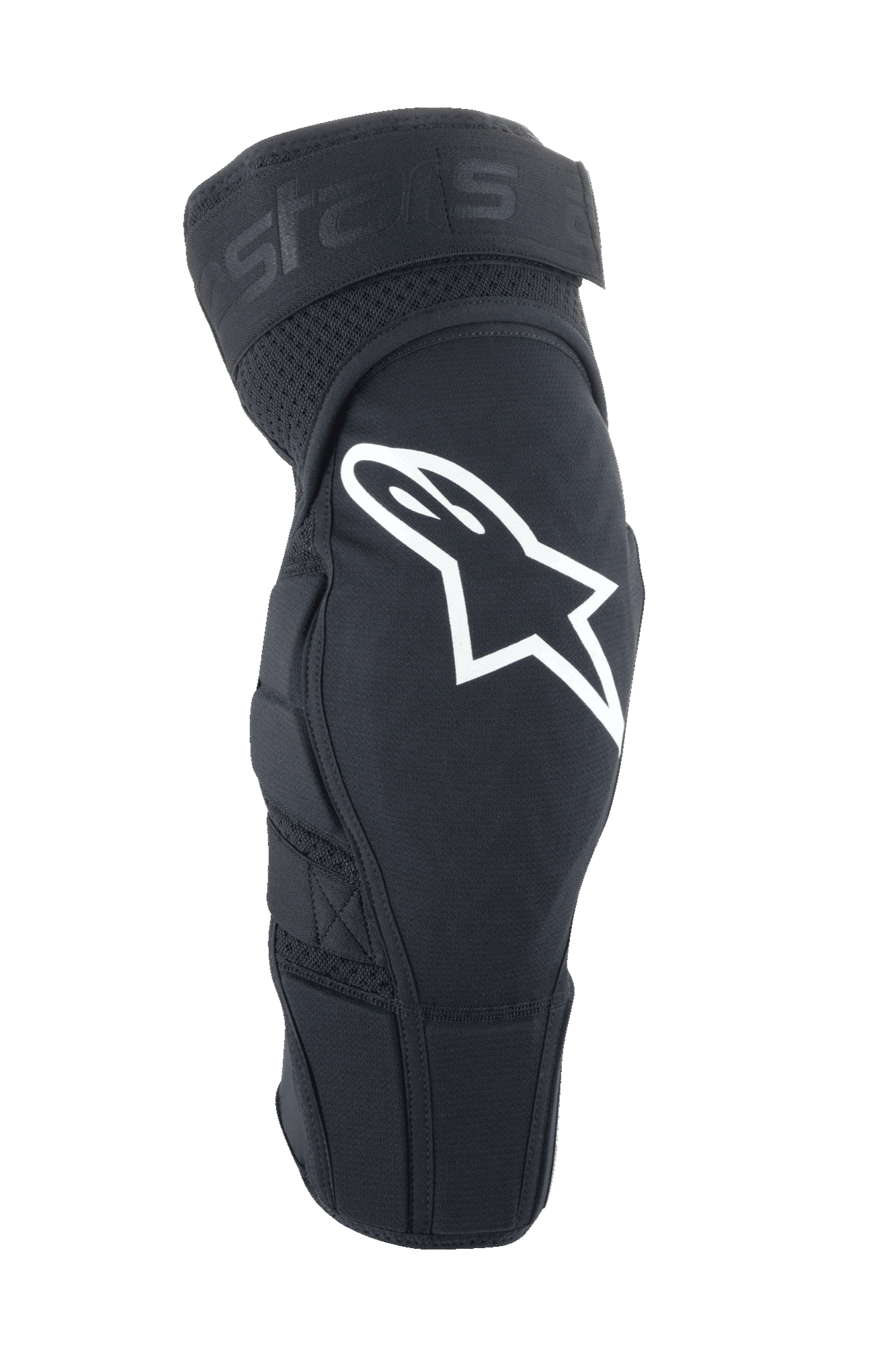 Alpinestars A-Impact Plasma Elite Knee Protector, rodilleras para MTB, negras con el logotipo Astar en blanco, diseño ergonómico precurvado con ventilación de malla y cierre de doble correa ajustable