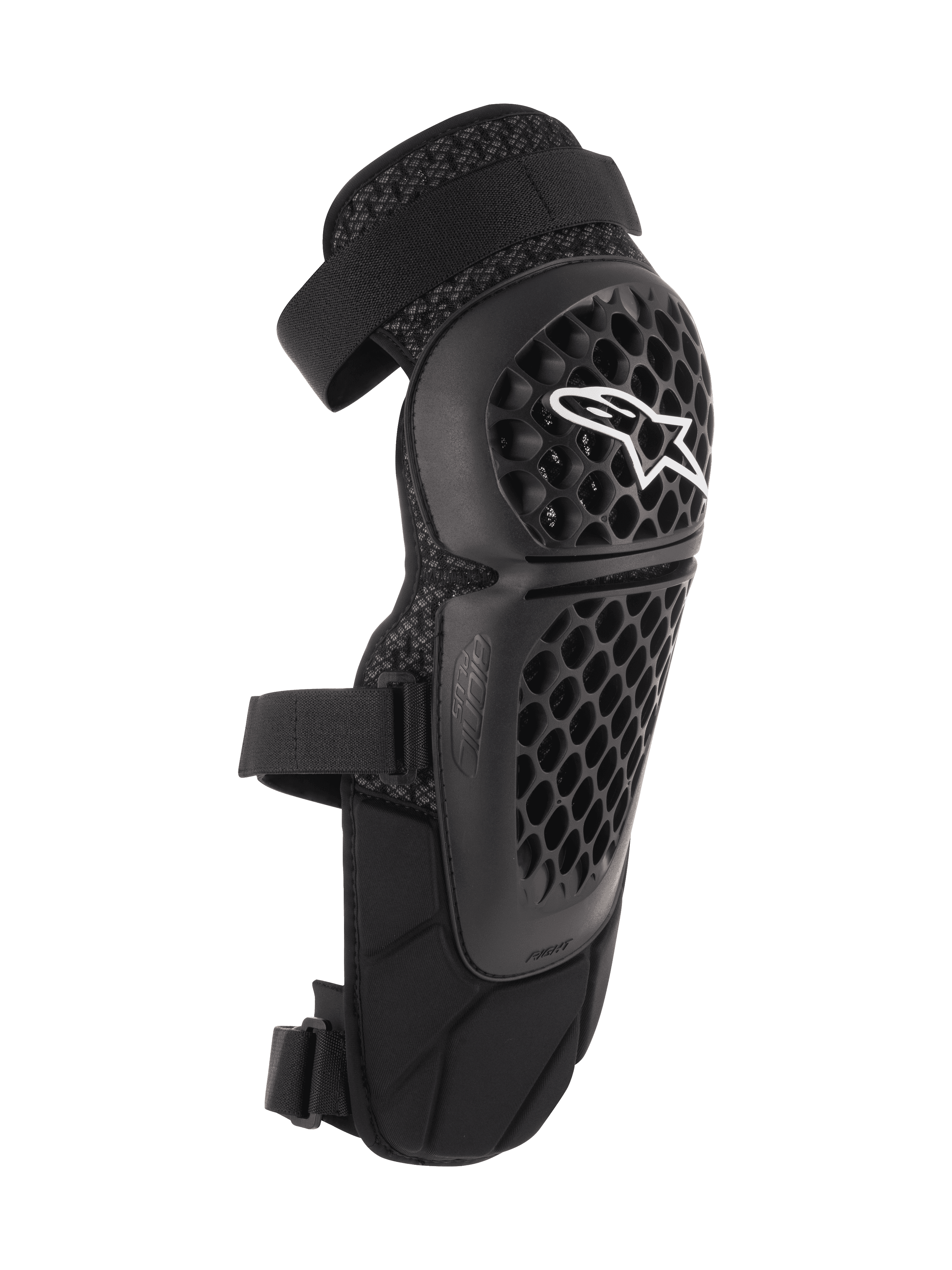 Protectores de rodilla y espinilla Alpinestars Bionic Plus, negros, protección para todoterreno y MTB, con carcasa perforada de panal, logo de Alpinestars blanco, correas dobles ajustables y ventilación de malla 3D, diseño ergonómico curvo