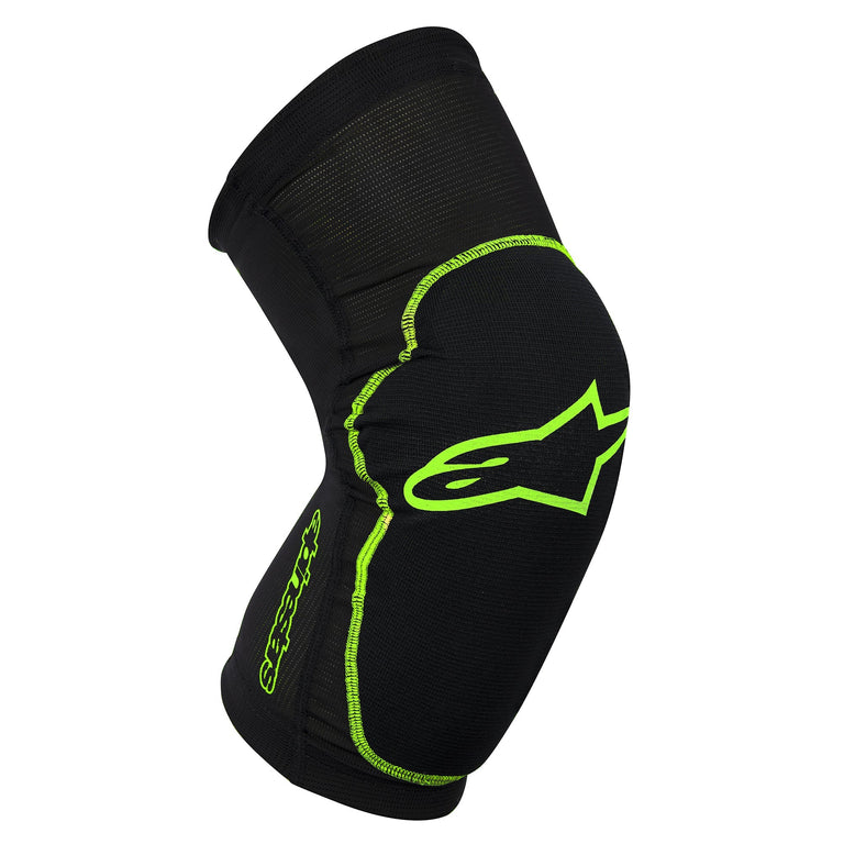 Paragon Knee Guard, rodillera de protección para deportes, negra con detalles verde brillante, diseño curvo anatómico, material elástico texturizado con acolchado reforzado