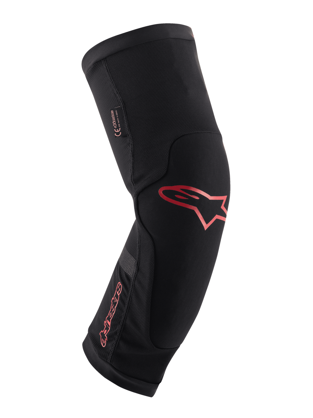 Alpinestars Paragon Plus Knee Protector, negro con logotipo y marca Alpinestars en rojo, diseño ergonómico de manga tipo slip-on, tejido de malla transpirable con paneles reforzados, equipo de protección para ciclismo de montaña
