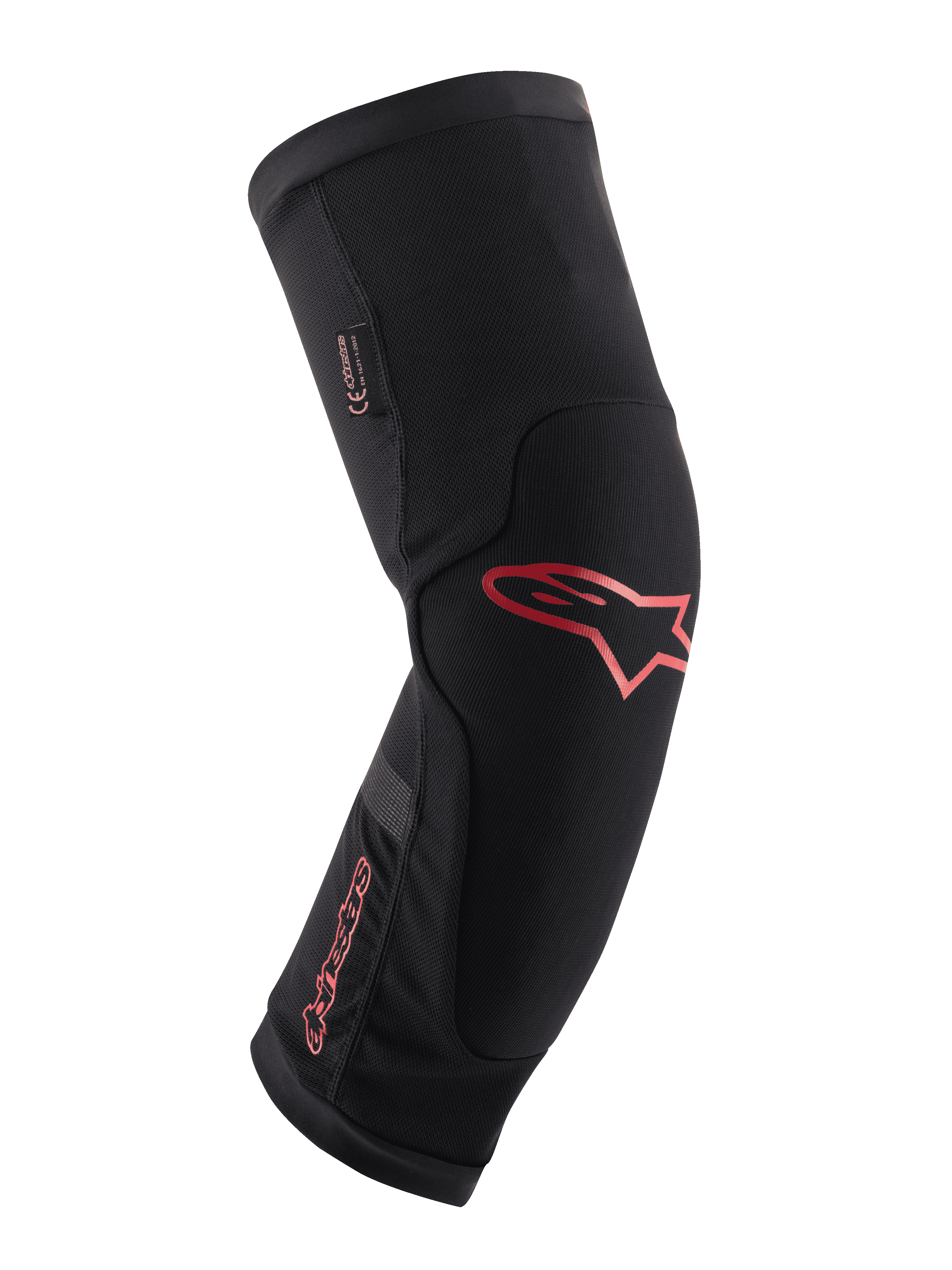 Alpinestars Paragon Plus Knee Protector, negro con logotipo y marca Alpinestars en rojo, diseño ergonómico de manga tipo slip-on, tejido de malla transpirable con paneles reforzados, equipo de protección para ciclismo de montaña