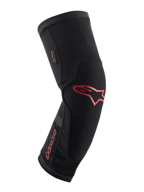 Alpinestars Paragon Plus Knee Protector, Black with Red Alpinestars logo and wordmark, ergonomic slip-on sleeve design, breathable mesh fabric with reinforced panels, mountain biking protective gear