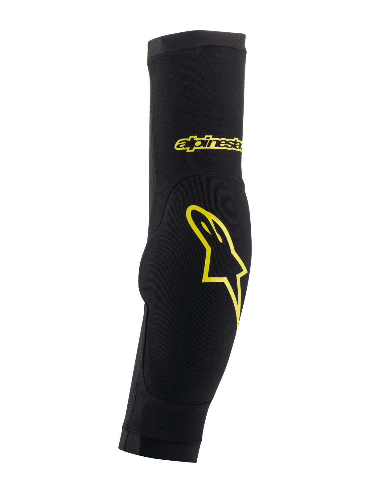 Alpinestars Paragon Plus Elbow Protectors, negro y amarillo ácido, diseño de manga tubular con acolchado integrado, con logotipo de estrella y marca en amarillo, malla transpirable para protección de MTB