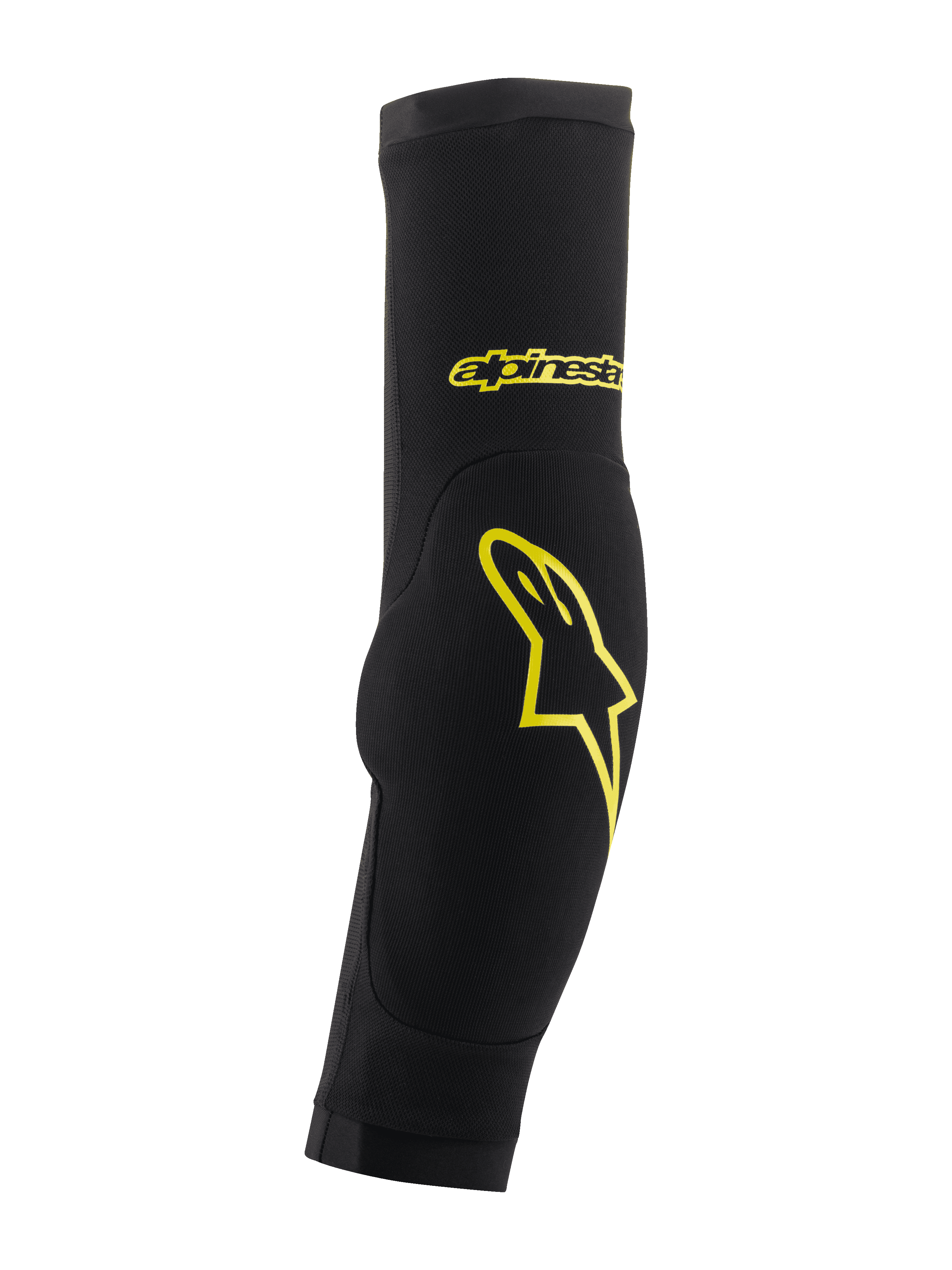 Alpinestars Paragon Plus Elbow Protectors, negro y amarillo ácido, diseño de manga tubular con acolchado integrado, con logotipo de estrella y marca en amarillo, malla transpirable para protección de MTB