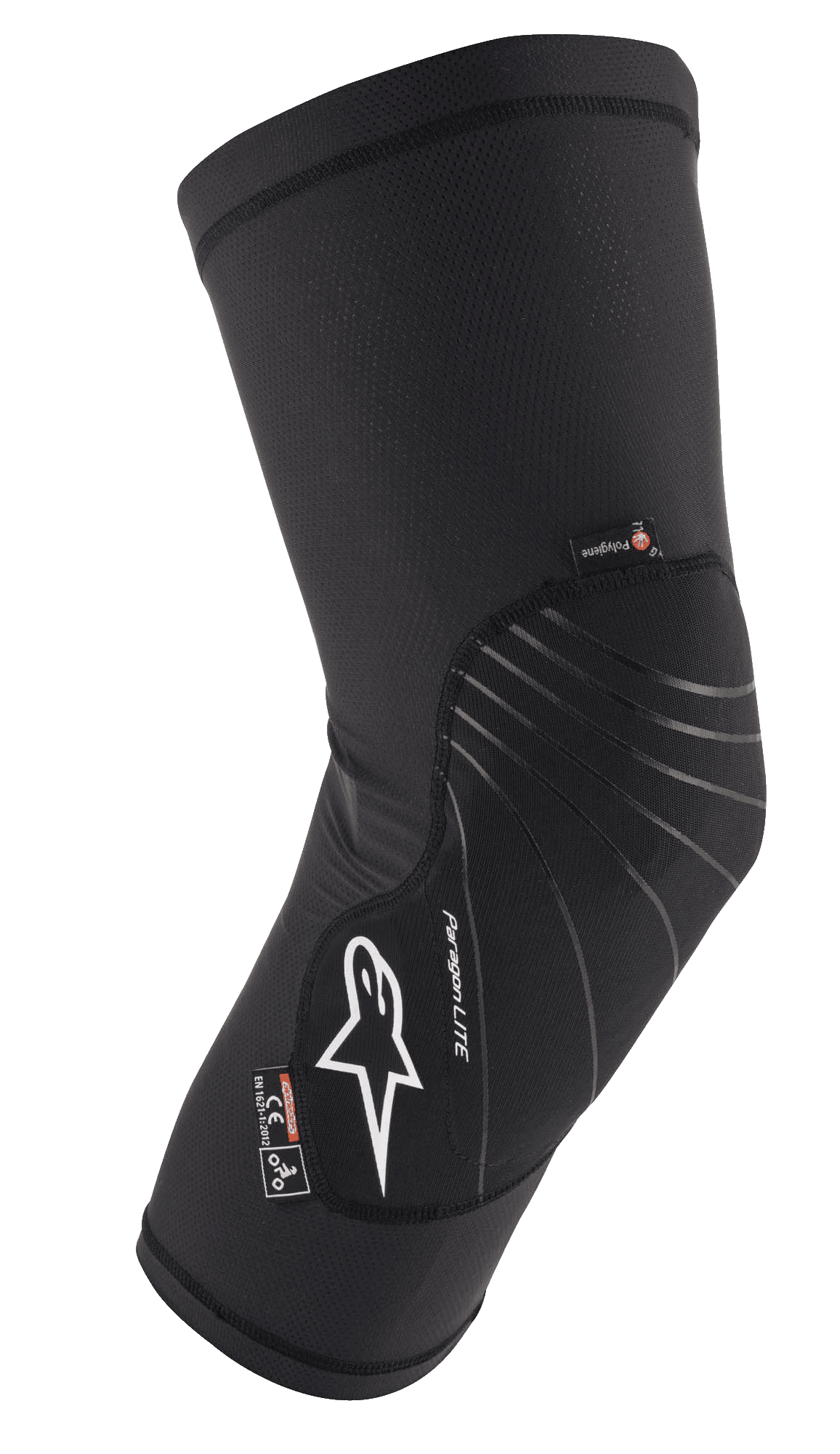 Alpinestars Paragon Lite Knee Protector, rodillera ligera negra con construcción de malla texturizada, logo blanco y líneas de diseño grises, diseño de manga tipo slip-on con etiquetas CE Nivel 1 y Polygiene, diseñado para MTB y ciclismo todoterreno