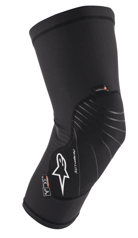 Alpinestars Paragon Lite Knee Protector, Black, lightweight protective gear with textured mesh construction, white logo, gray design lines, slip-on sleeve design, featuring CE Level 1 and Polygiene tags, designed for MTB and off-road cycling