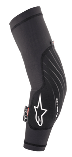 Alpinestars Paragon Lite Elbow Protector, coderas de protección para MTB y trail, negras con manga de malla ligera y transpirable, logo de estrella blanca, marca Paragon Lite y etiqueta de certificación CE Nivel 1