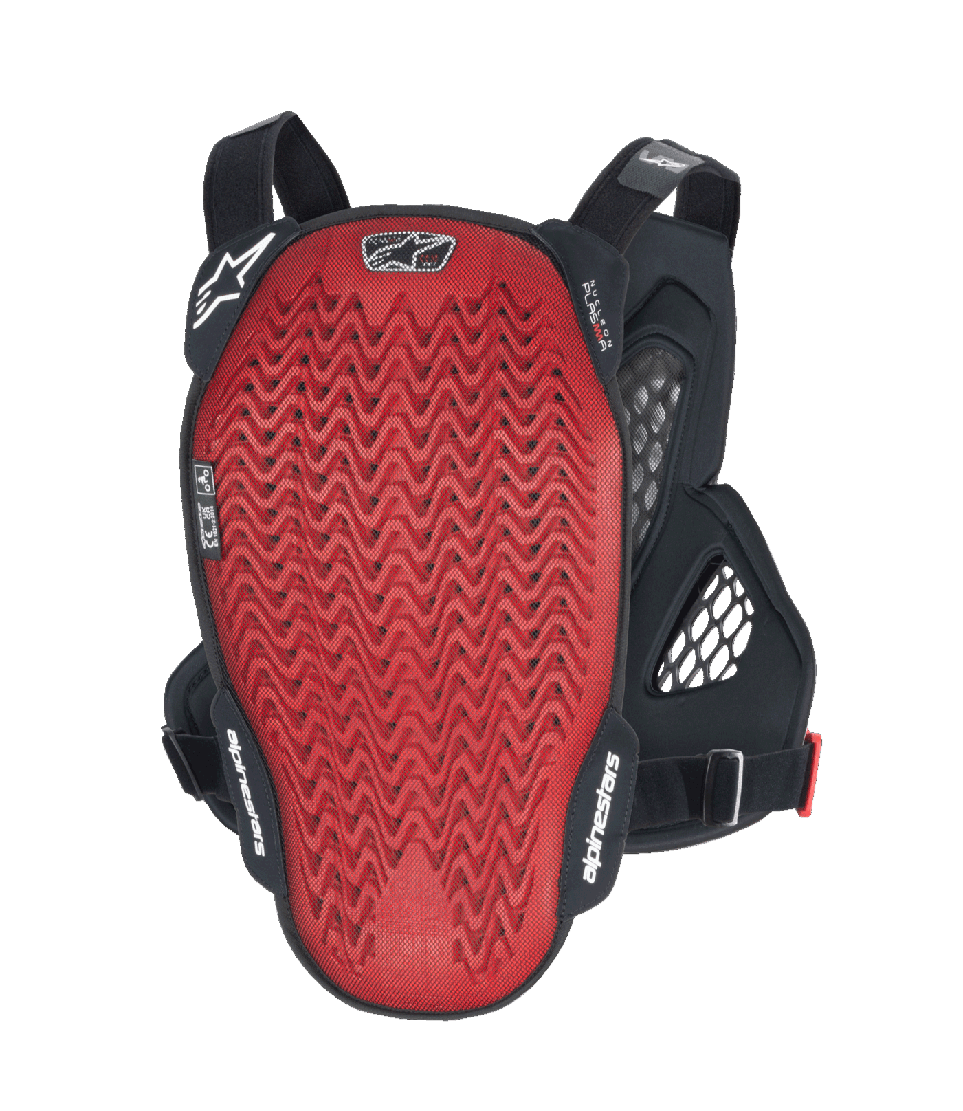 Protector de pecho Alpinestars A-6 Plasma, vista trasera, placa de espalda Nucleon PLASMA con textura roja, alas laterales negras y correas ajustables, equipo de protección de MTB de gravedad en negro, antracita y rojo
