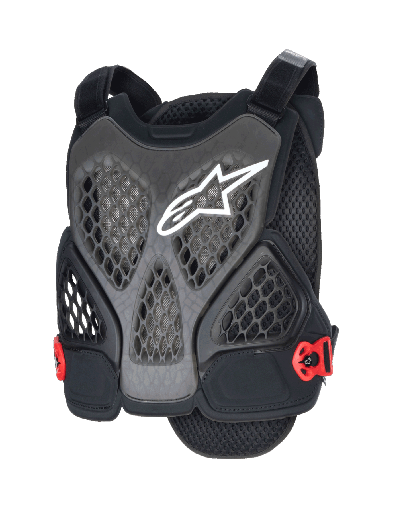 Alpinestars A-6 Plasma, peto protector de pecho para MTB, negro antracita y rojo, con logo de estrella blanca, paneles de malla de panal perforados para ventilación, hebillas laterales rojas y correas ajustables, diseñado para protección en ciclismo de montaña de gravedad y todoterreno.
