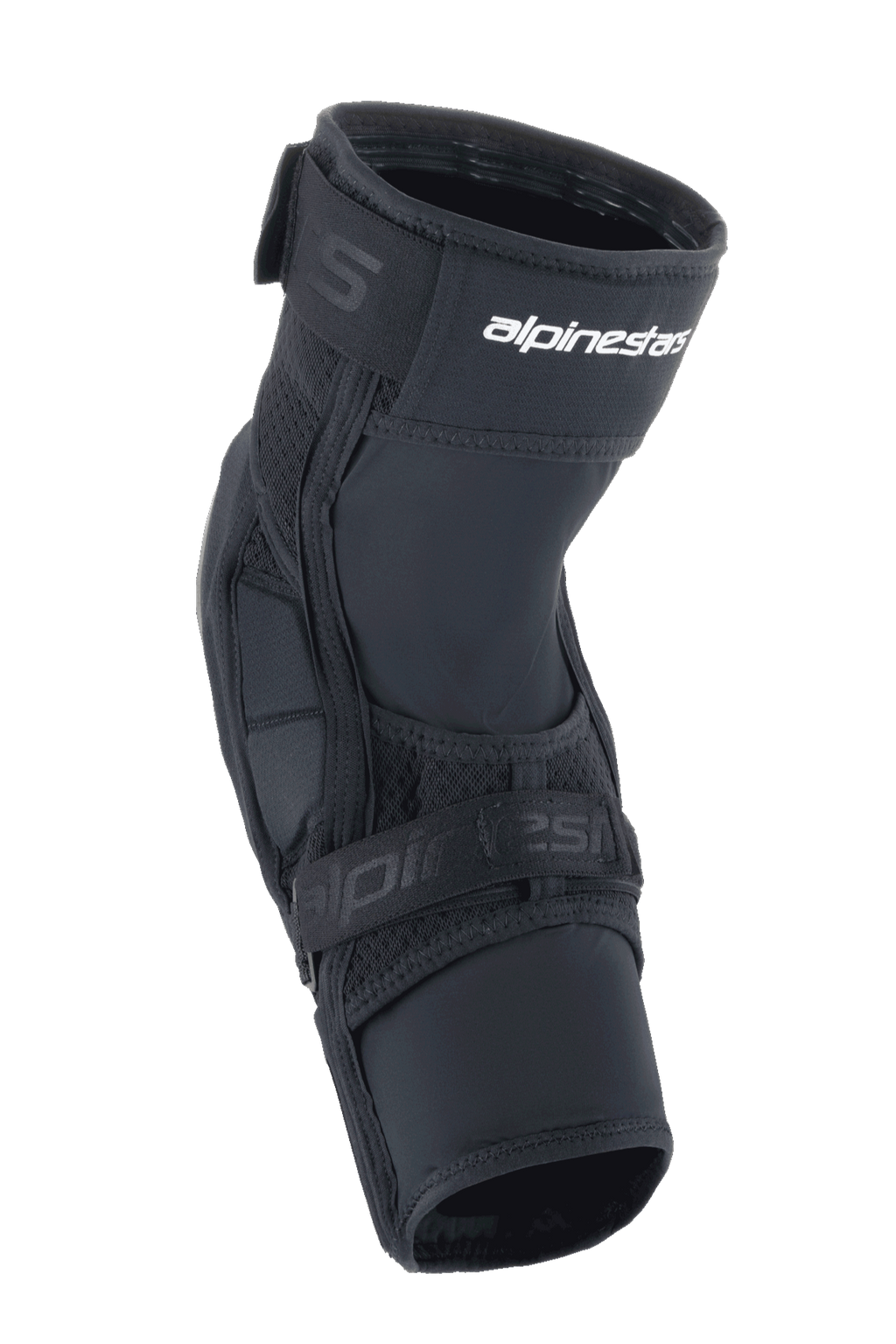 Protectores de rodilla Alpinestars A-Impact Plasma Elite Shield, equipo de protección para MTB, color negro con logotipo blanco, con un diseño ergonómico precurvado, cierre de doble correa y paneles de malla transpirable para ciclismo de montaña.