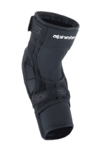Protectores de rodilla Alpinestars A-Impact Plasma Elite Shield, equipo de protección para MTB, color negro con logotipo blanco, con un diseño ergonómico precurvado, cierre de doble correa y paneles de malla transpirable para ciclismo de montaña.