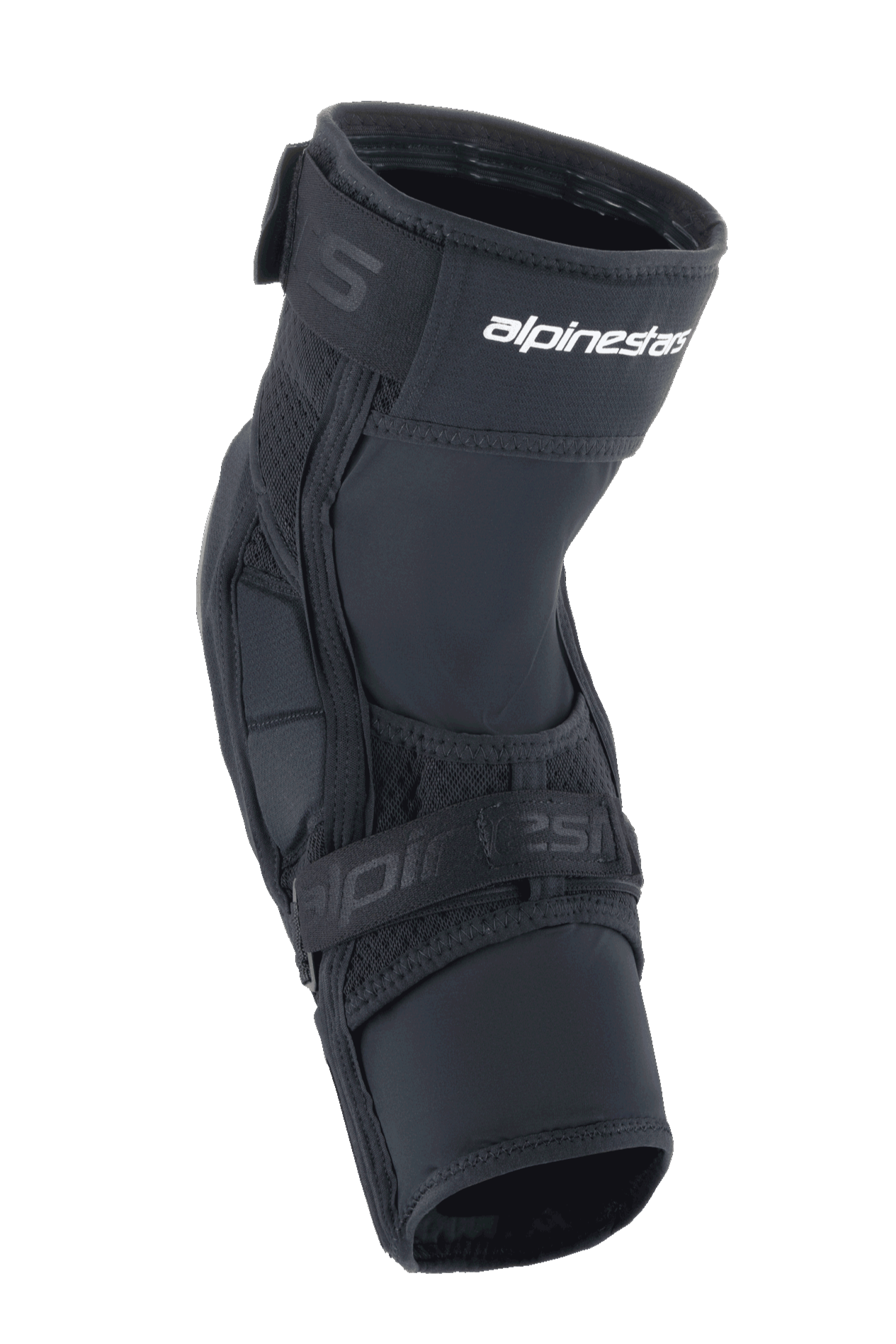 Protectores de rodilla Alpinestars A-Impact Plasma Elite Shield, equipo de protección para MTB, color negro con logotipo blanco, con un diseño ergonómico precurvado, cierre de doble correa y paneles de malla transpirable para ciclismo de montaña.