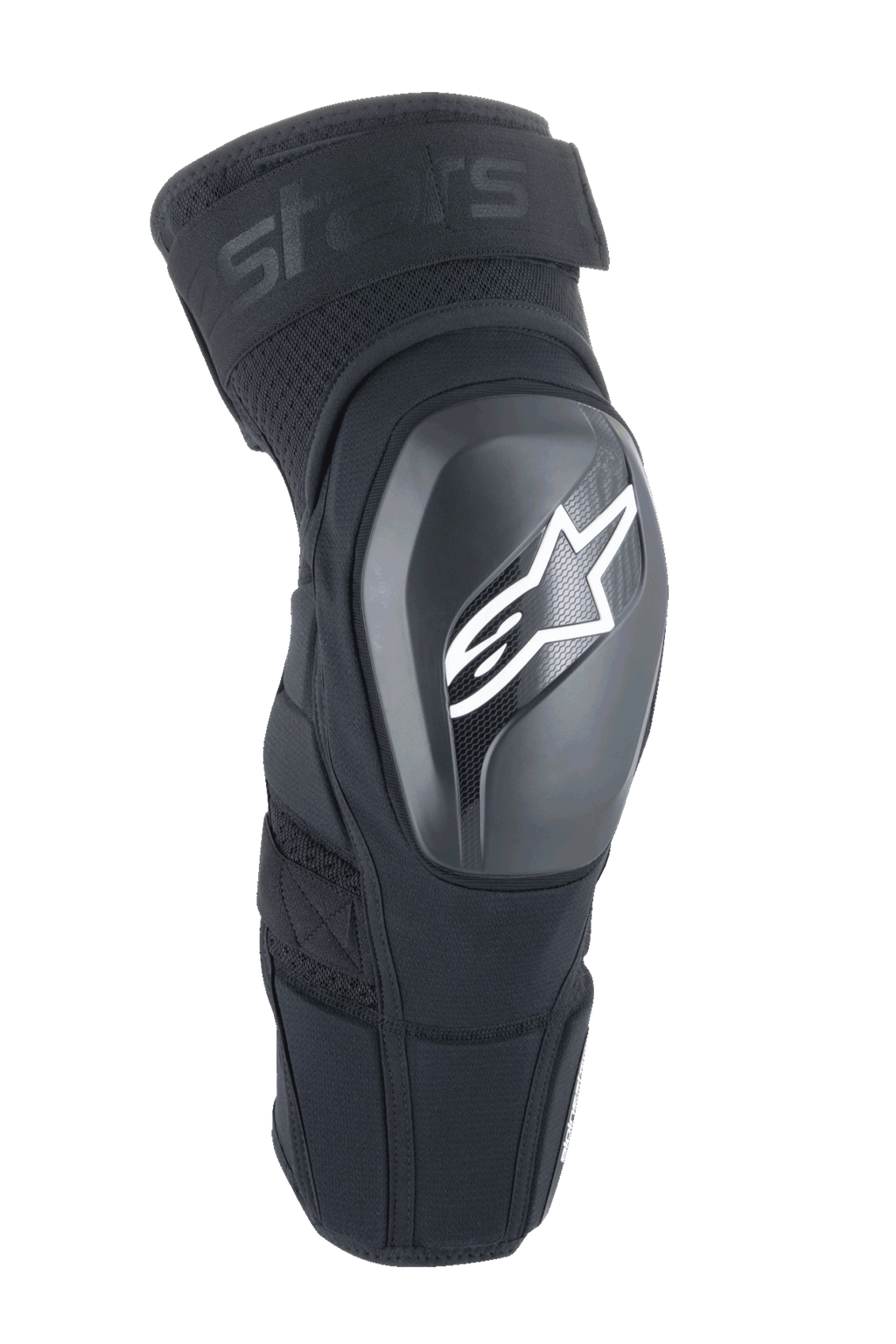 Alpinestars A-Impact Plasma Elite Shield Knee Protectors, negros con logotipo de estrella blanca, carcasa exterior de TPU rígido, tejido de malla con correa superior ajustable, diseño ergonómico precurvado, protección para MTB y todoterreno