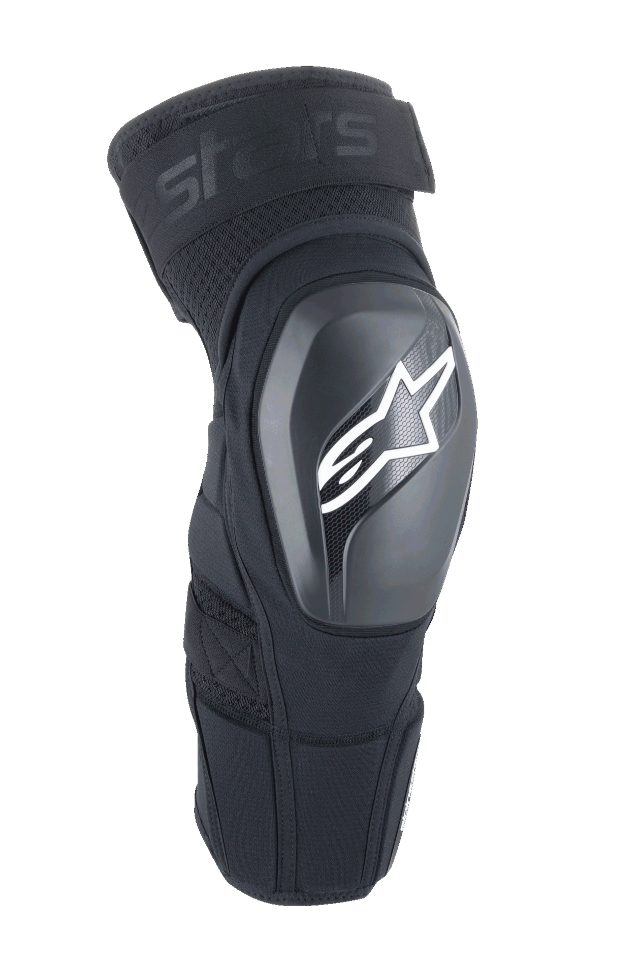 Alpinestars A-Impact Plasma Elite Shield Knee Protectors, negros con logotipo de estrella blanca, carcasa exterior de TPU rígido, tejido de malla con correa superior ajustable, diseño ergonómico precurvado, protección para MTB y todoterreno