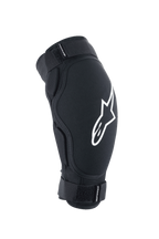 Protector de codo Alpinestars A-Impact Plasma Pro, equipo de protección para MTB, negro con logo blanco, con correas de velcro dobles ajustables y un diseño ergonómico precurvado