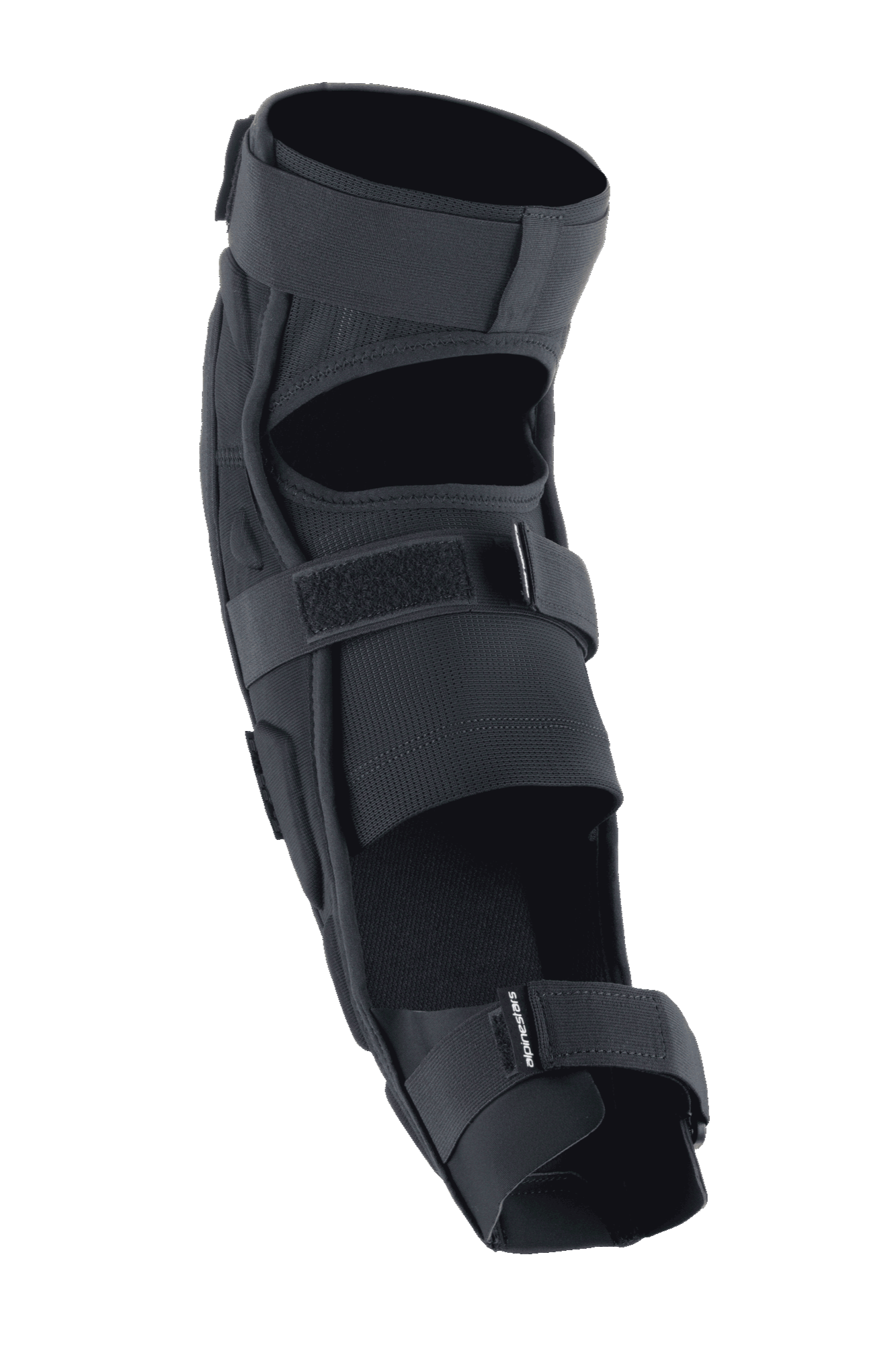 Protector de rodilla y espinilla Alpinestars A-Impact Plasma Pro, negro, vista posterior con sistema de cierre de triple correa, paneles de malla transpirable y diseño ergonómico precurvado para protección en ciclismo de montaña