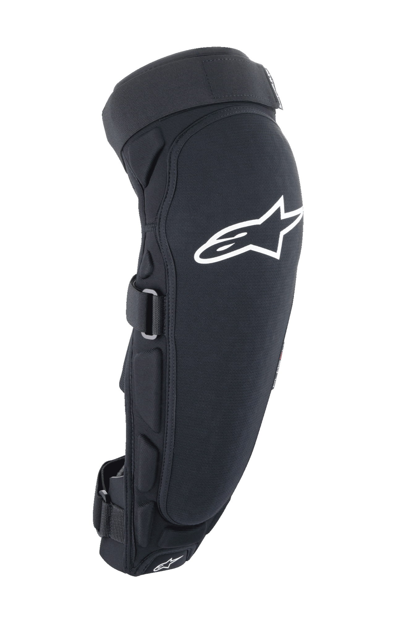 Protector de rodilla y espinilla Alpinestars A-Impact Plasma Pro, negro y blanco, vista lateral con gran logotipo Astar blanco, acolchado lateral y sistema de cierre de correas seguro, protección para ciclismo fuera de carretera